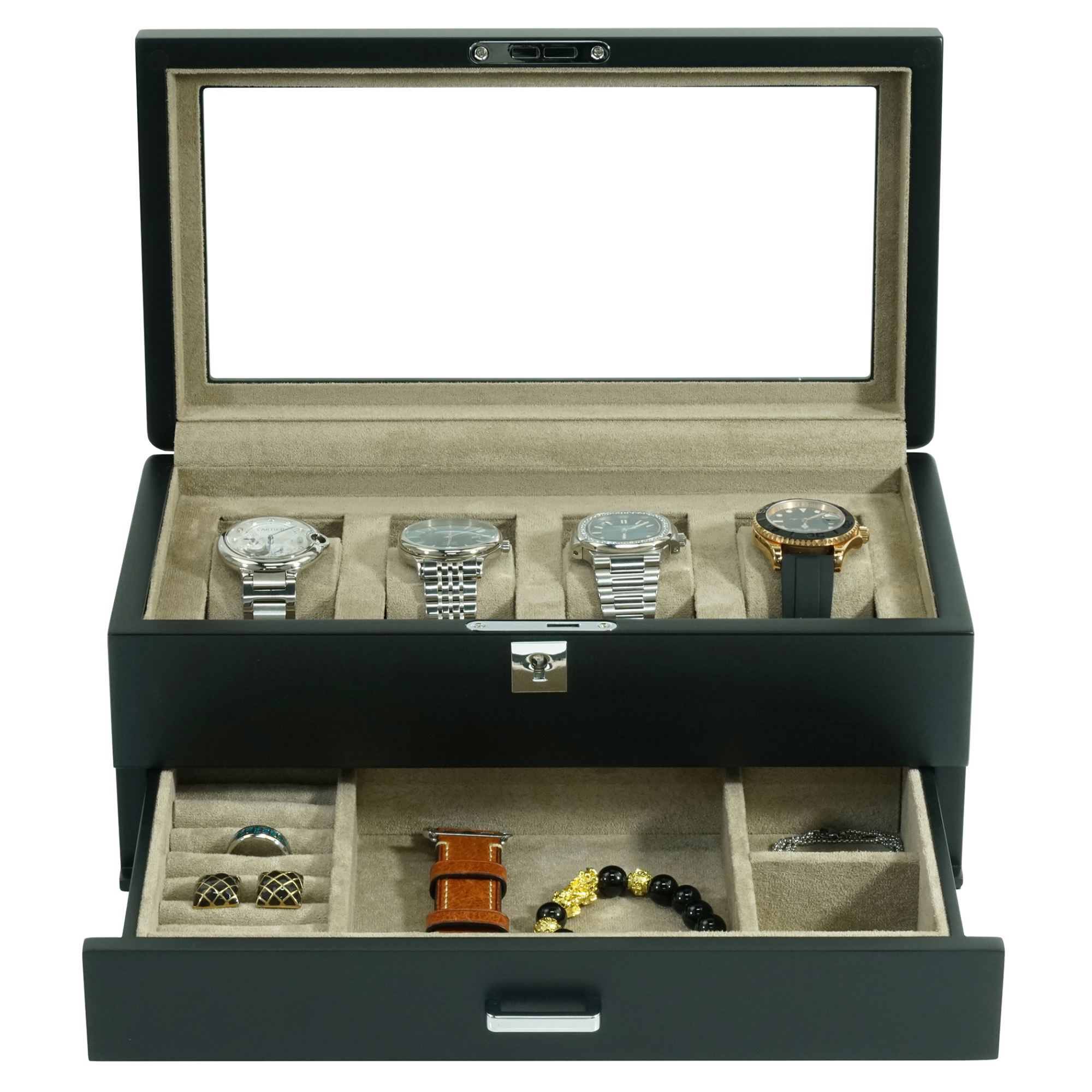 4 Slots Wooden Watch Box with Taupe Interior and Drawer