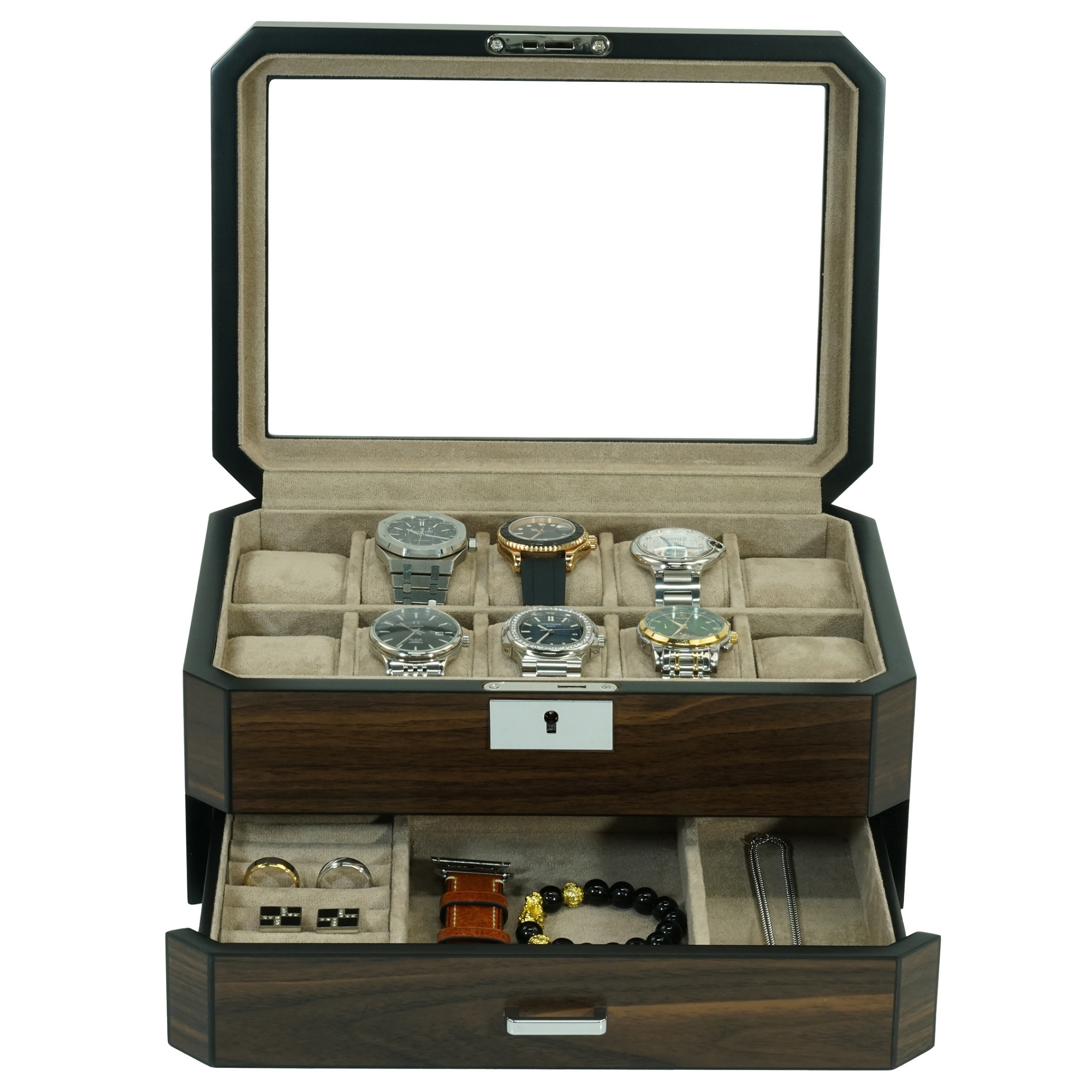 10 Slots Octagon Walnut Wooden Watch Box with Drawer
