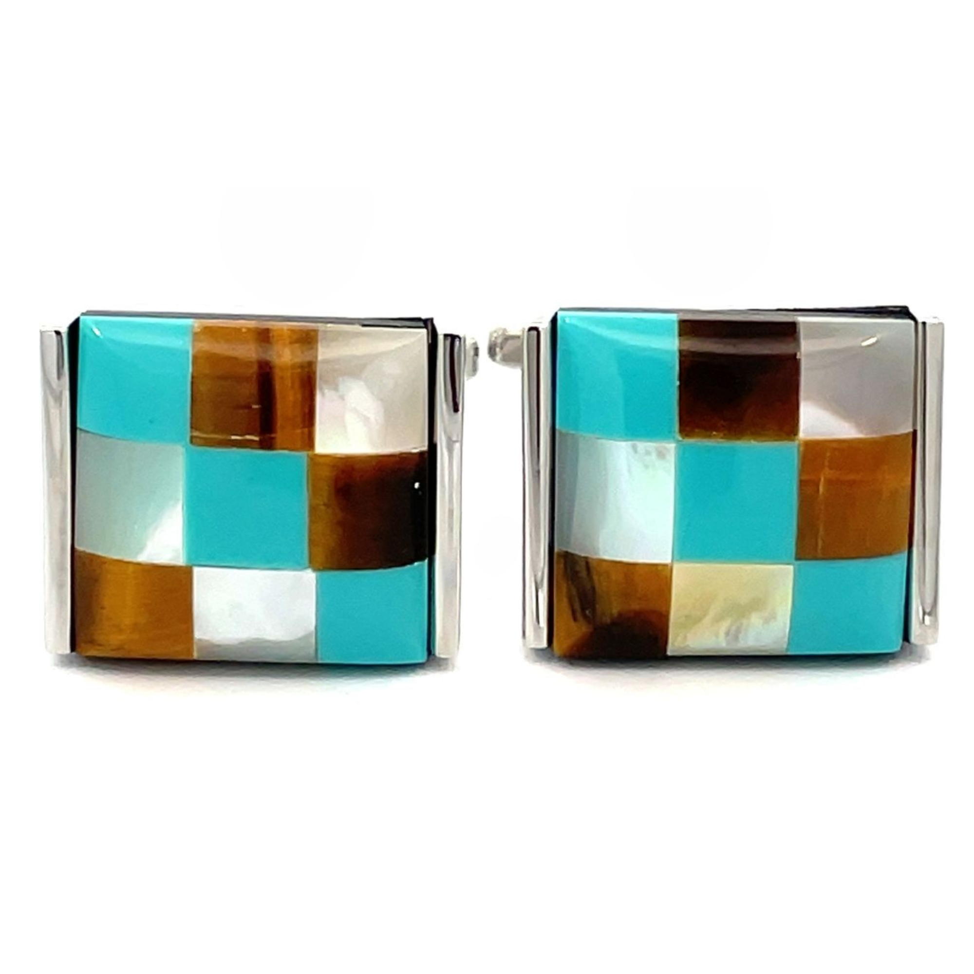 Patchwork Catseye Cufflinks: Brown, Aqua, White