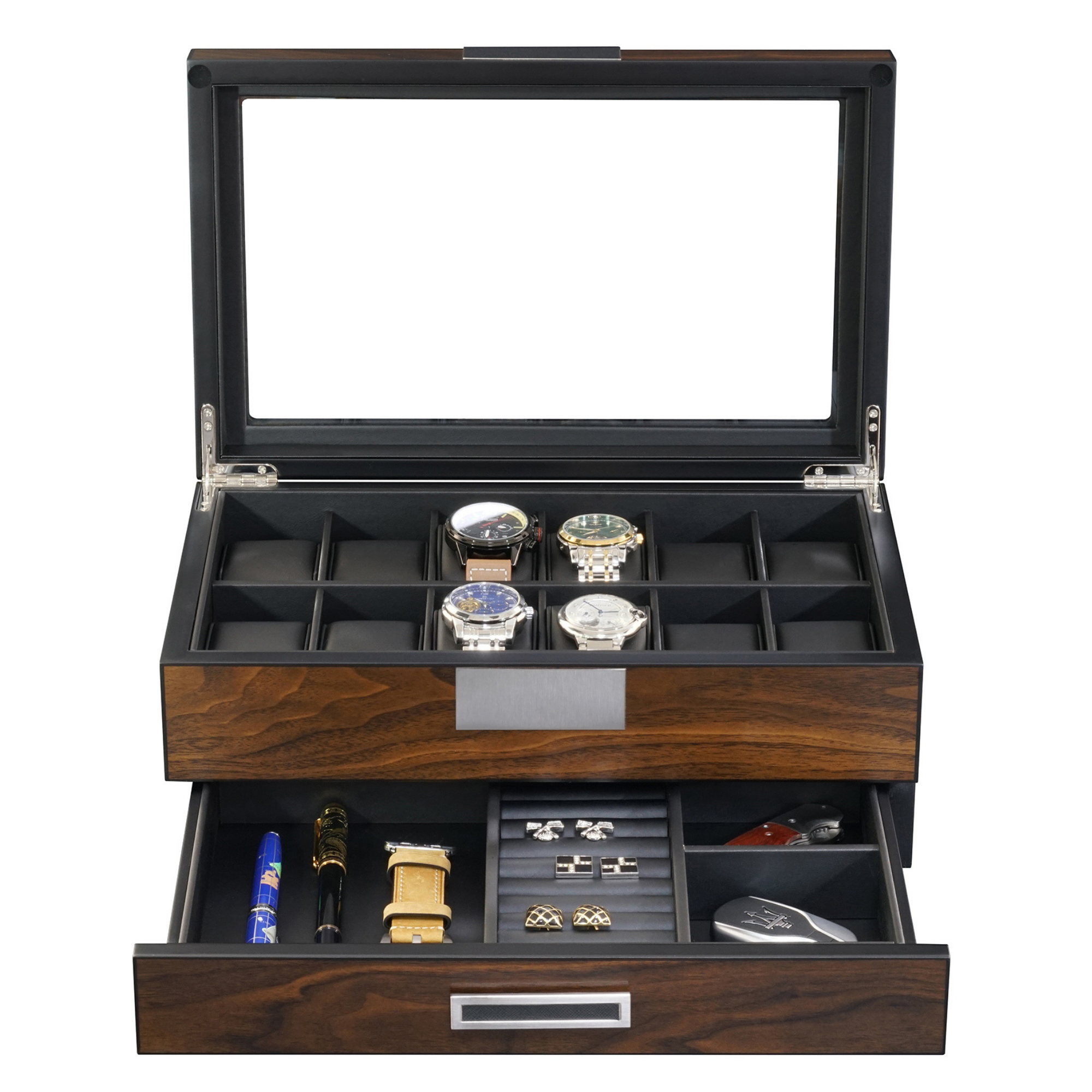 12 Slots Watch Box with Drawer in Ebony Wood