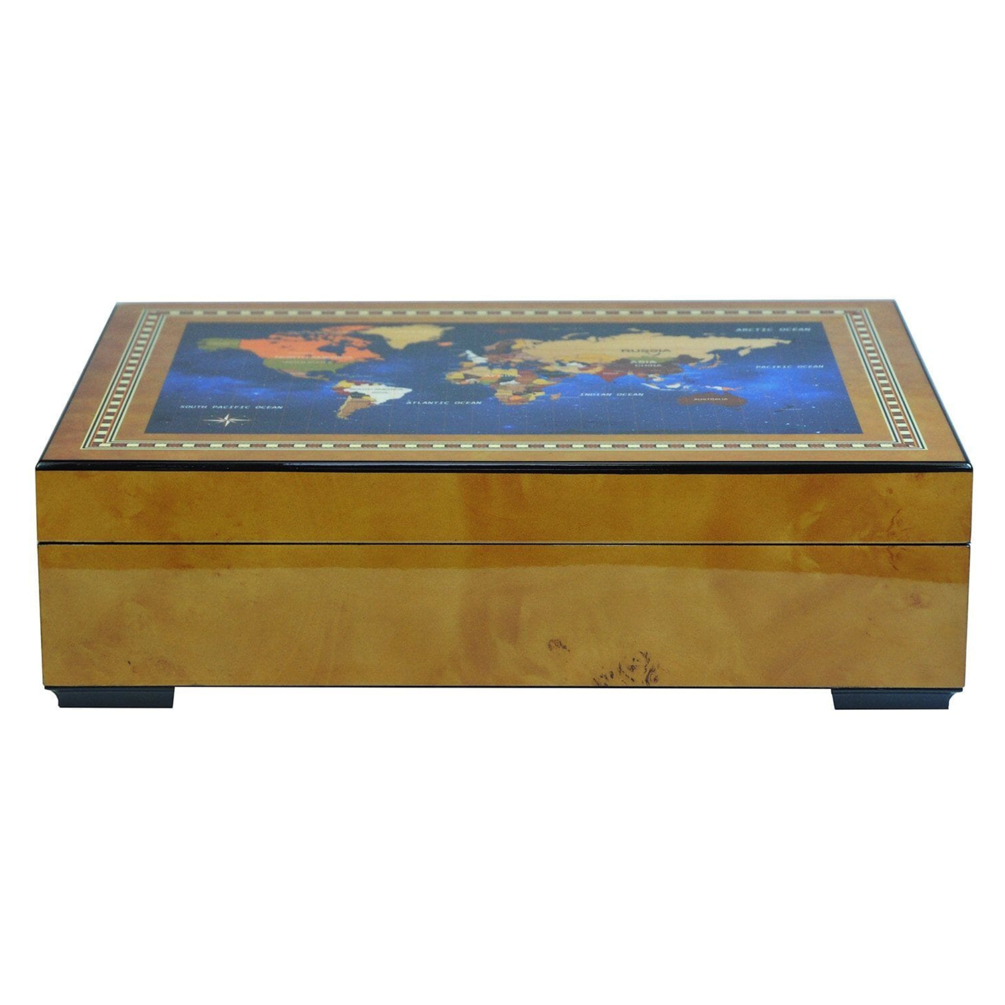 World Map Burl Wooden Watch Box for 6 Watches + Jewellery