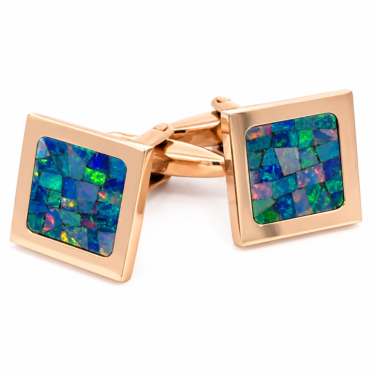 Australian Square Opal Cufflinks (Green Shiny Rose Gold)