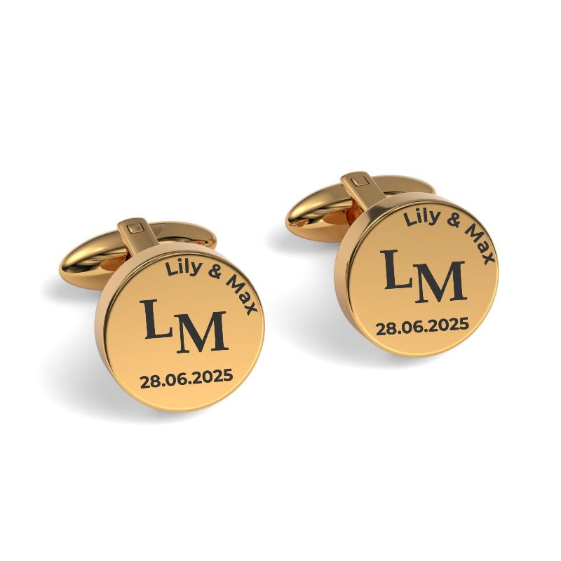 Couples Initials and Date Engraved Round Cufflinks