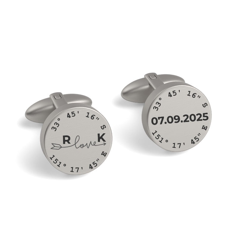 Latitude, Longitude, Initials & Date Round Engraved Cufflinks