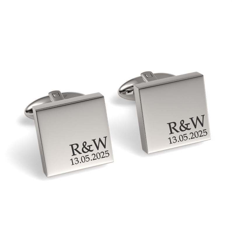 Couples Initials and Date Engraved Square Cufflinks