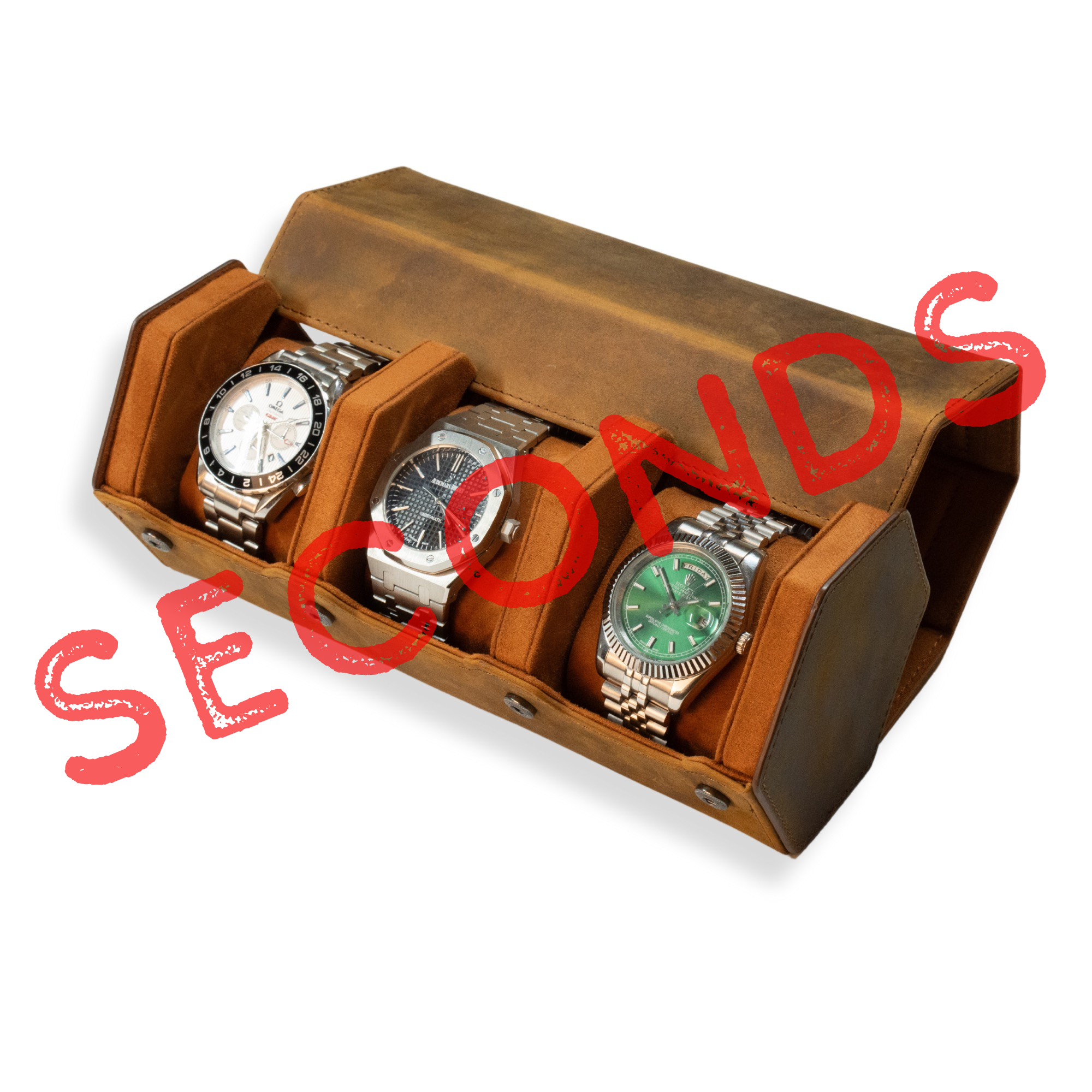 Seconds - Hex Leather Watch Roll 3 Slots in Saddle Leather/Brown (A)