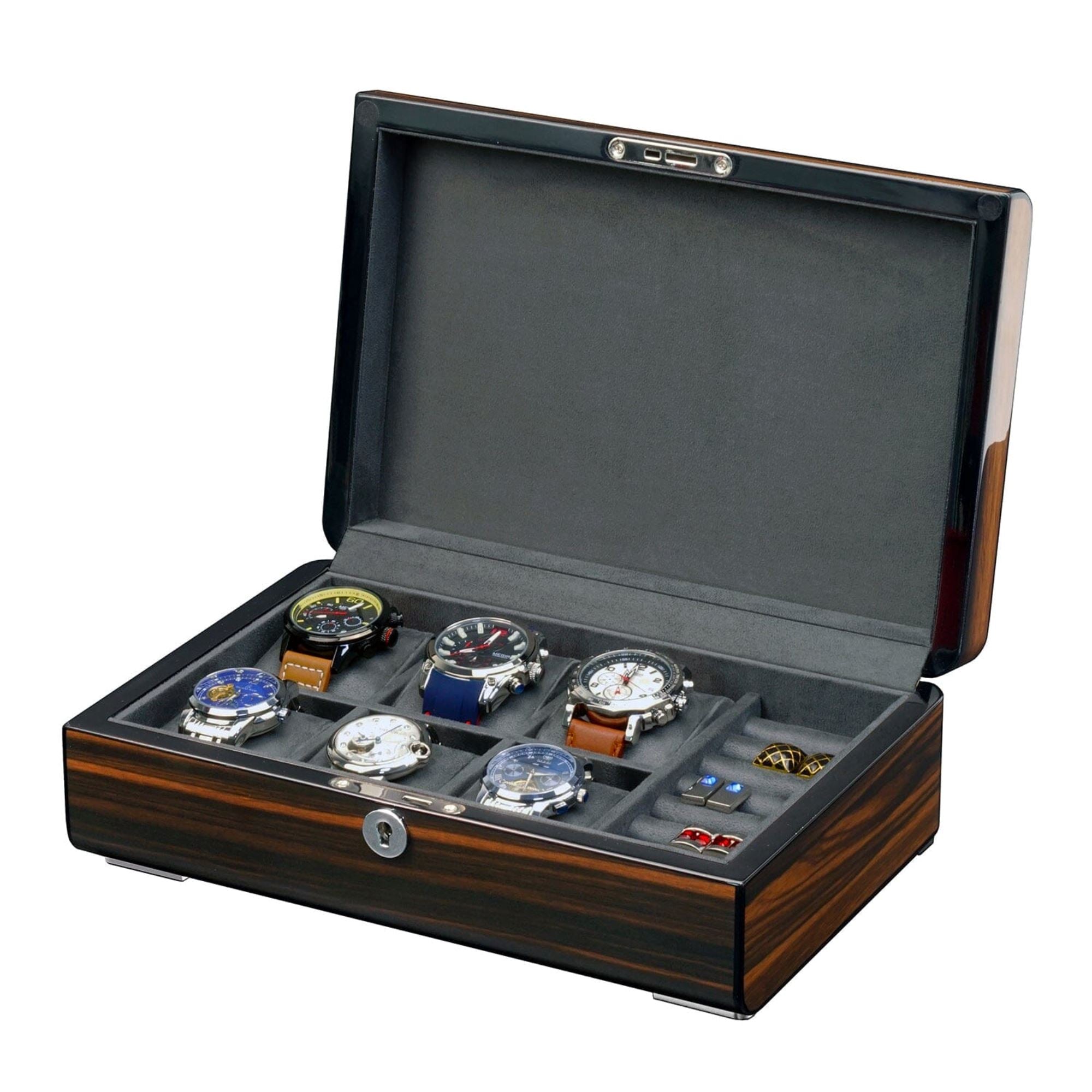 6 Slots Watch Box with Cufflinks Storage and Lock in Wooden Ebony Watch Boxes Clinks
