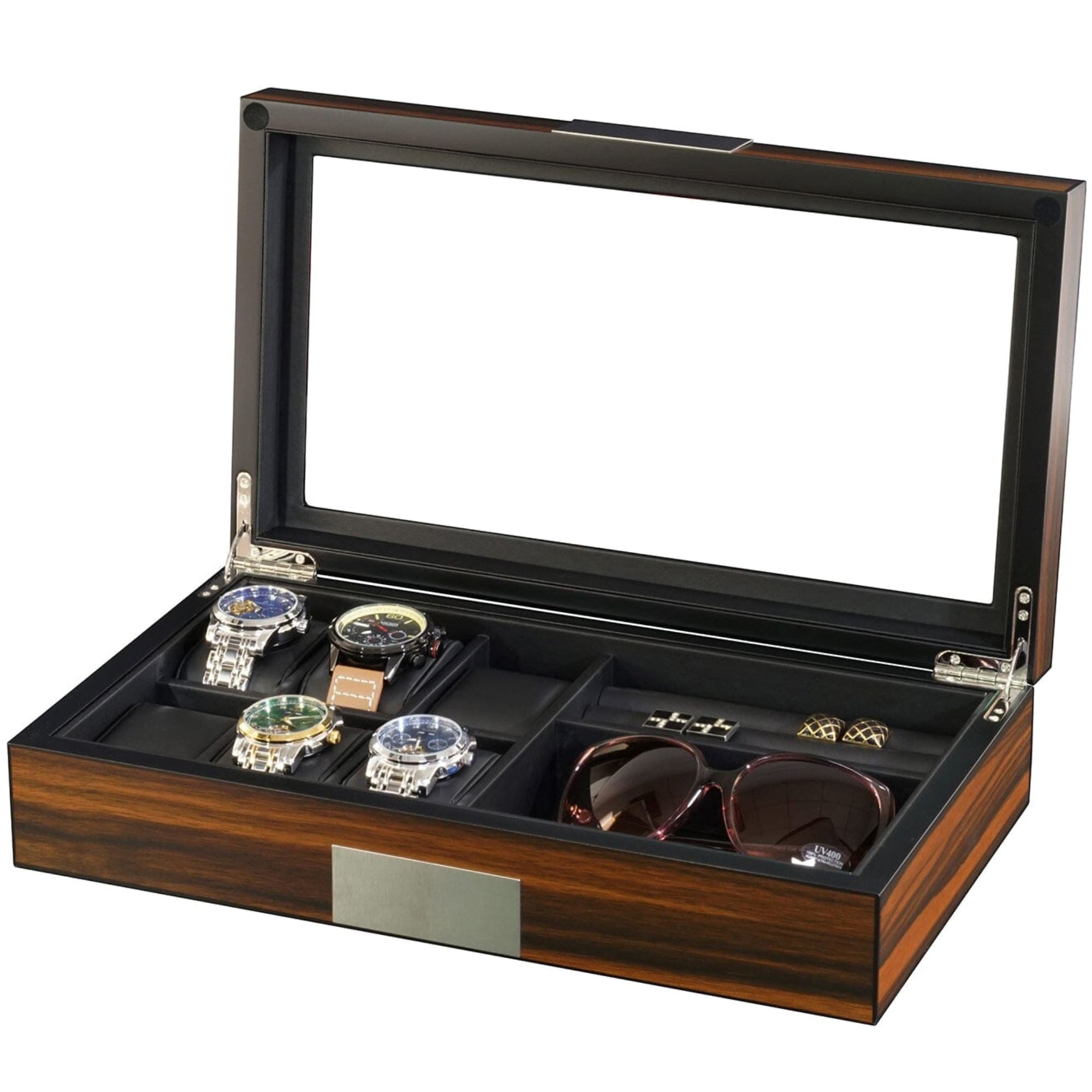 6 Slots Watch Box with Cufflinks and Sunglasses Storage in Ebony Wood Watch Boxes Clinks