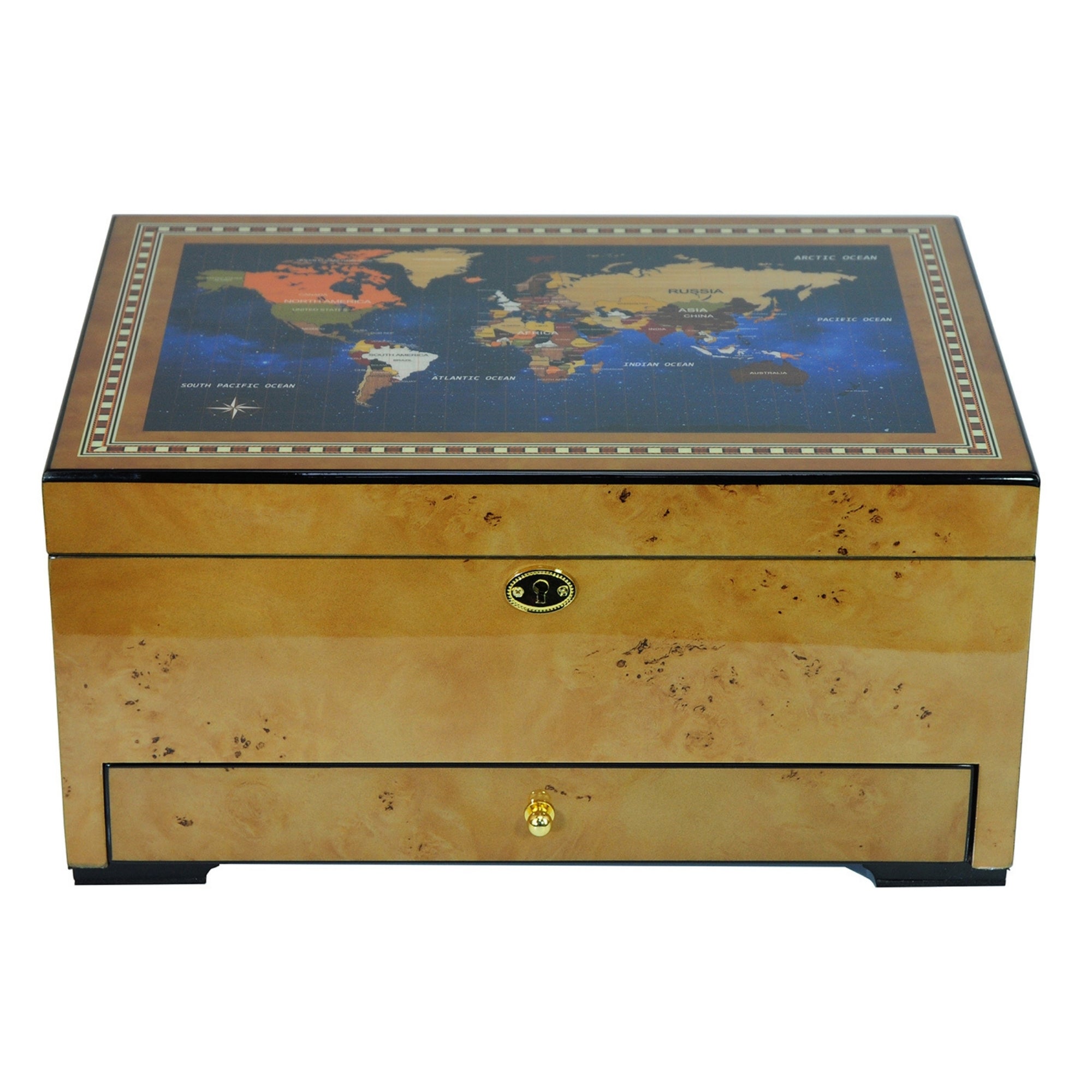 100 CT World Map Burl Cigar Humidor Spanish Cedar Box for Cigars