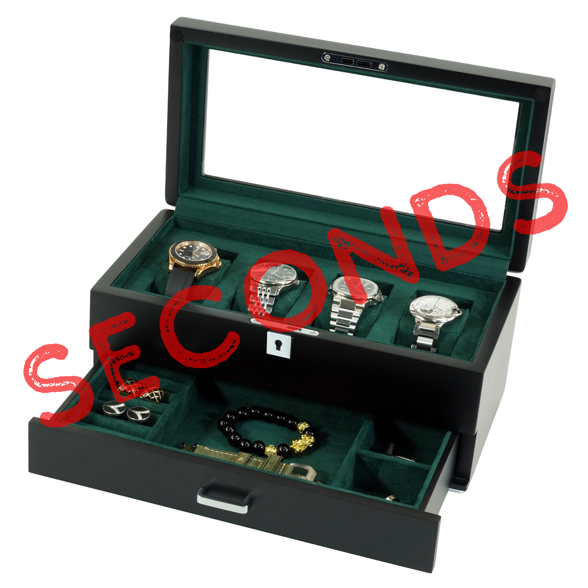Seconds - 4 Slots Wooden Watch Box with Green Interior and Drawer (A)
