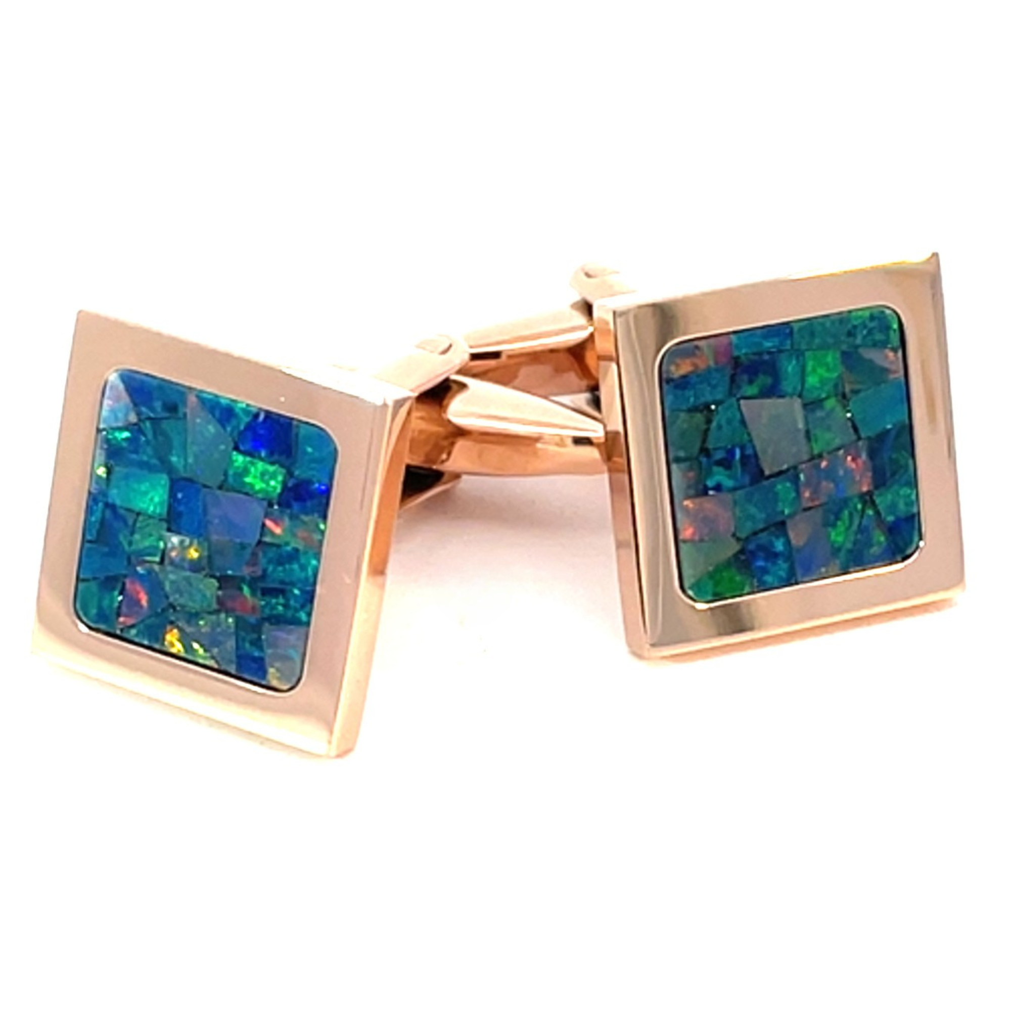 Australian Square Opal Cufflinks (Green Shiny Rose Gold)