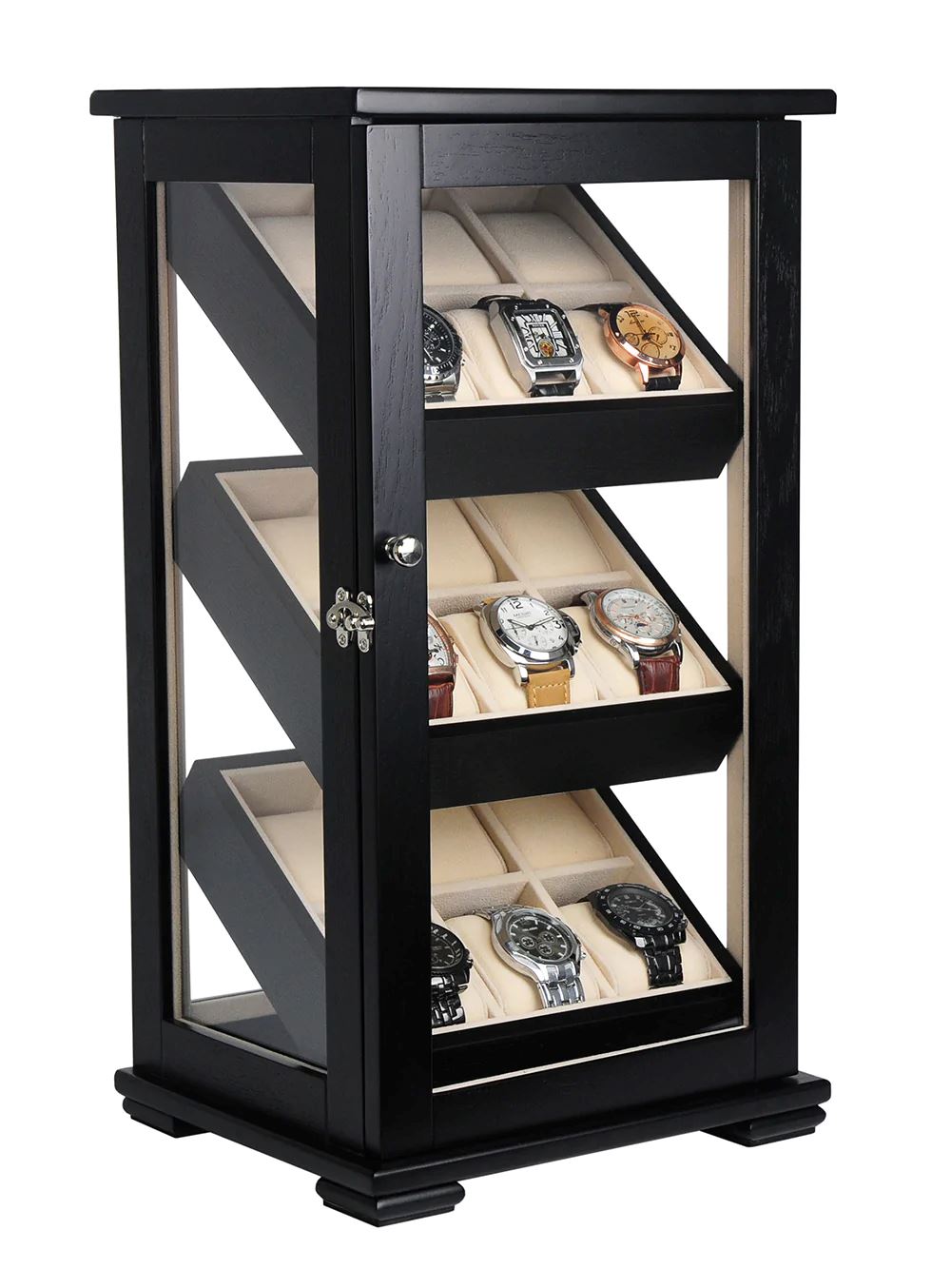 Black Wooden Watch Cabinet for 18 watches Watch Boxes Clinks