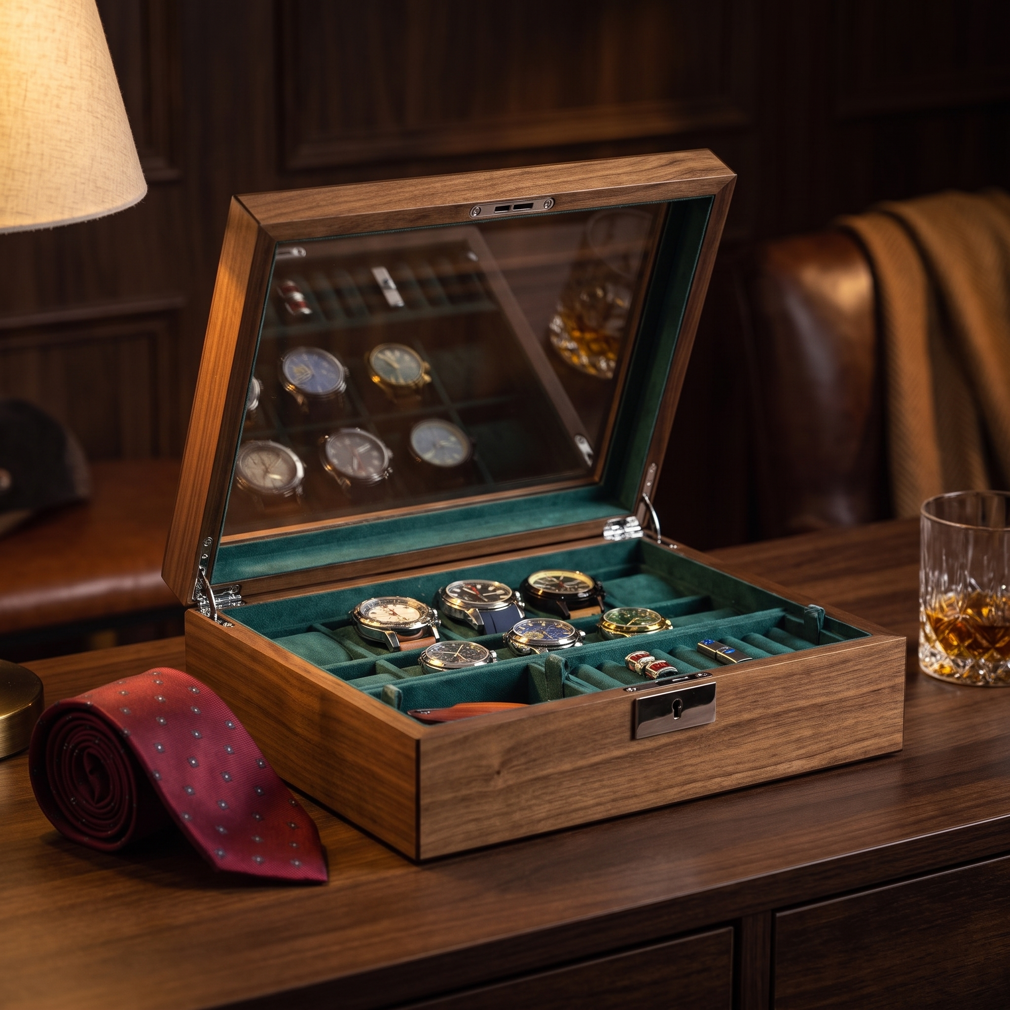 10 Slots Walnut Wooden Watch Box with Removable Trays — lifestyle shot