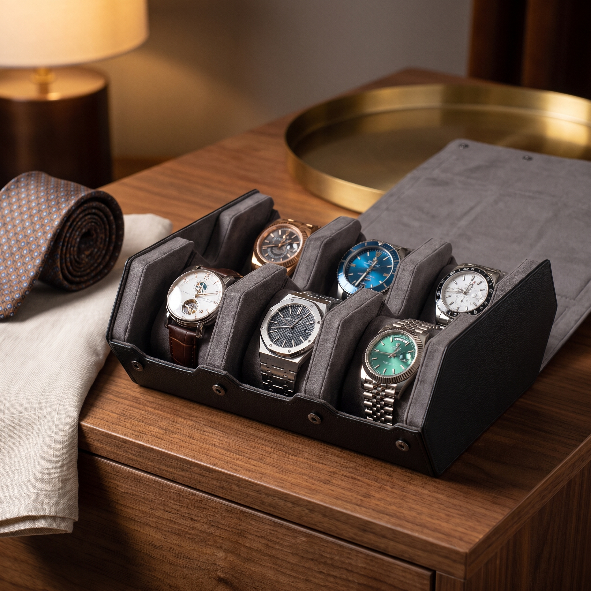 Hex Leather Watch Roll 6 Slots in Black/Charcoal — lifestyle shot