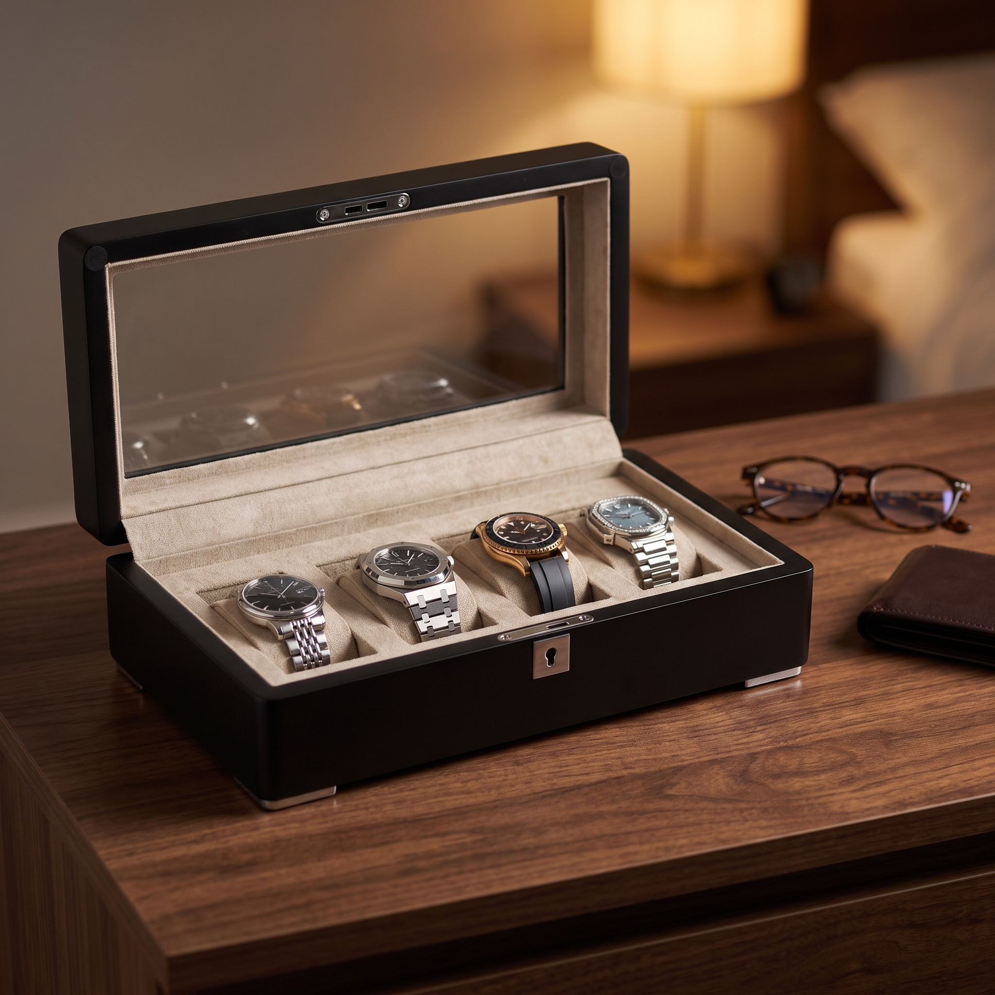 4 Slot Black Wooden Watch Box with Cream Interior — lifestyle shot