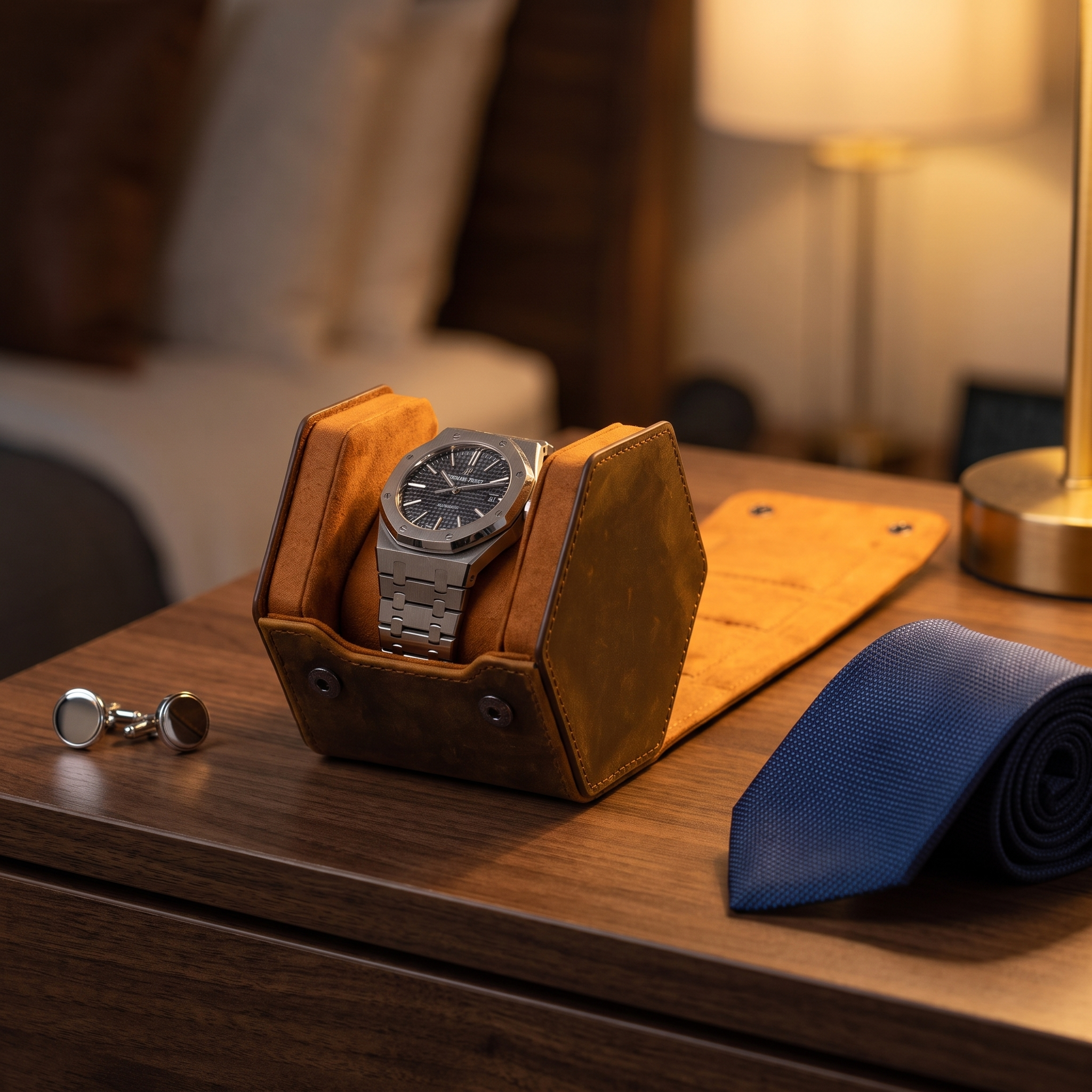 Hex Leather Watch Roll 1 Slot in Saddle Leather/Brown — lifestyle shot