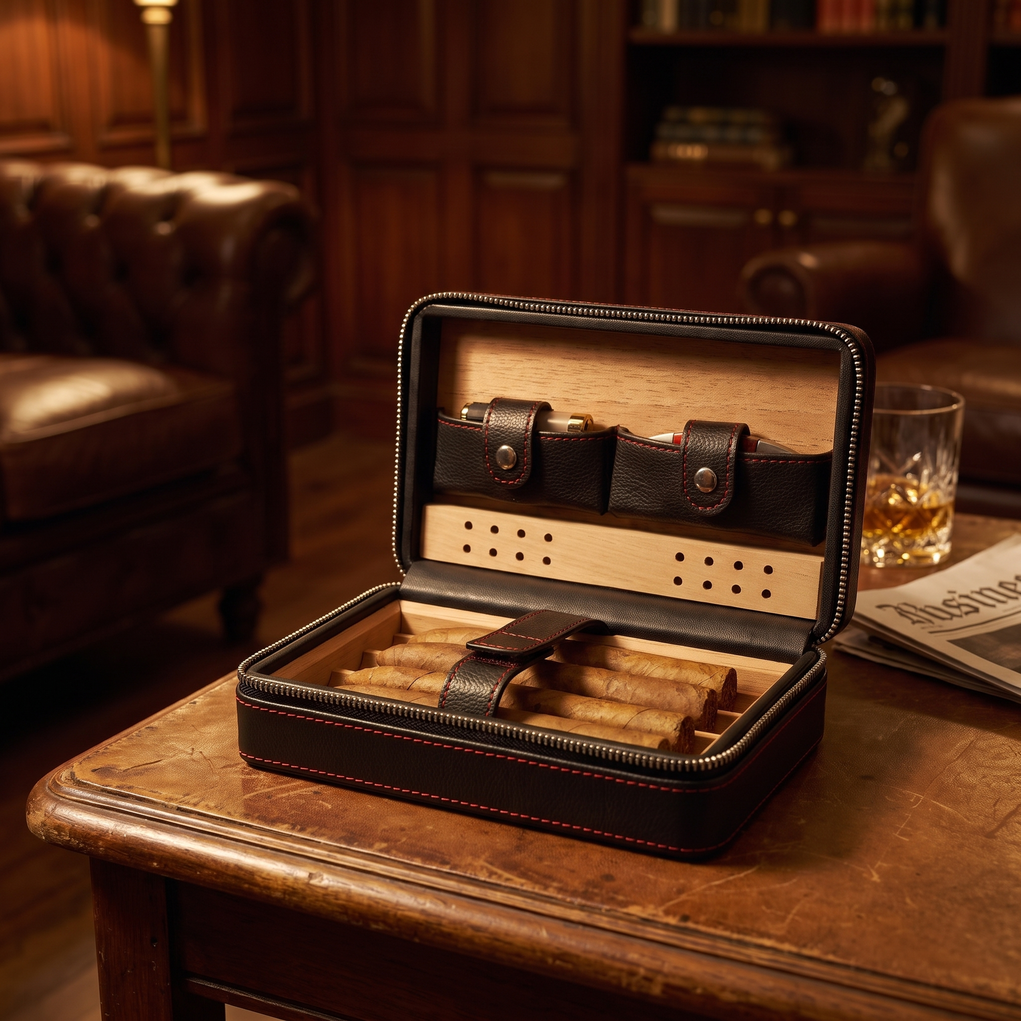 Black Travel Cigar Humidor Leather Case for Cigars — lifestyle shot