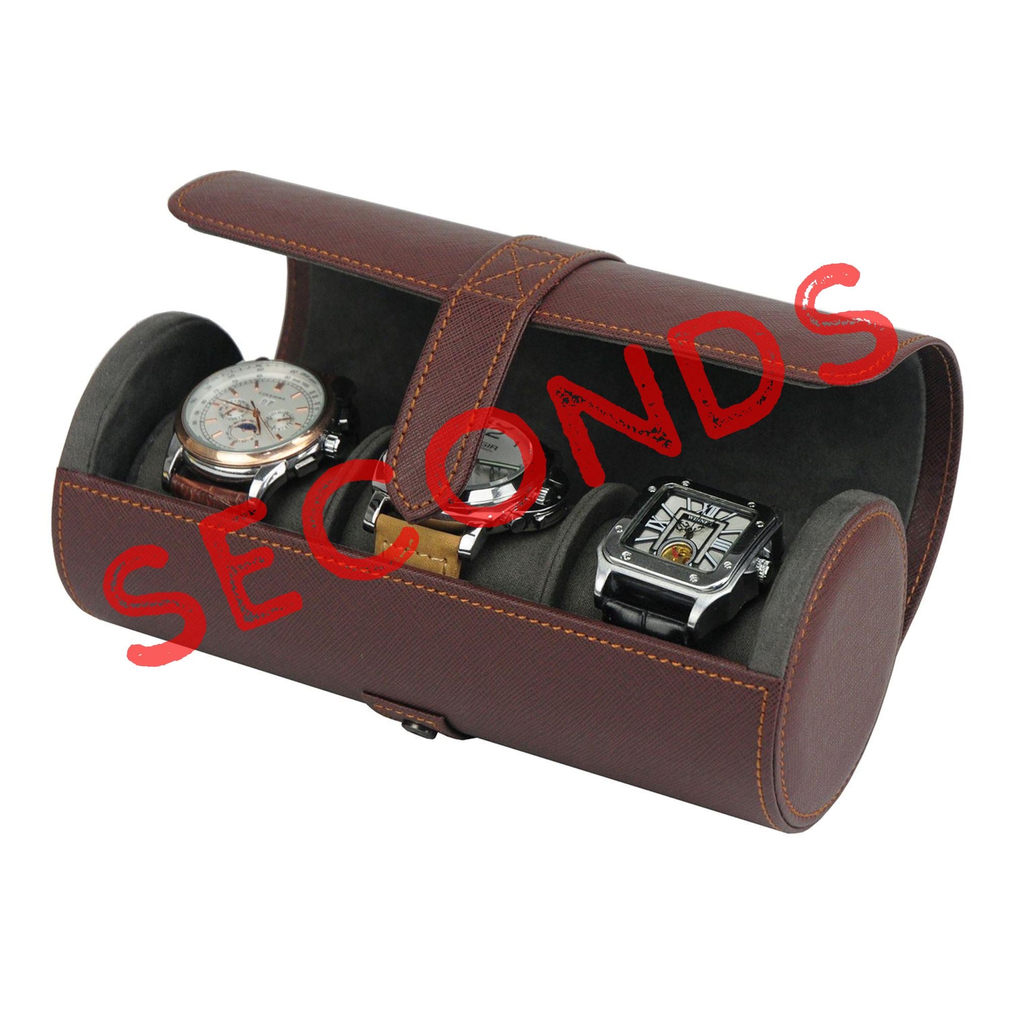 Seconds - Watch Roll Case for 3 in Dark Brown Vegan Leather Seconds Clinks