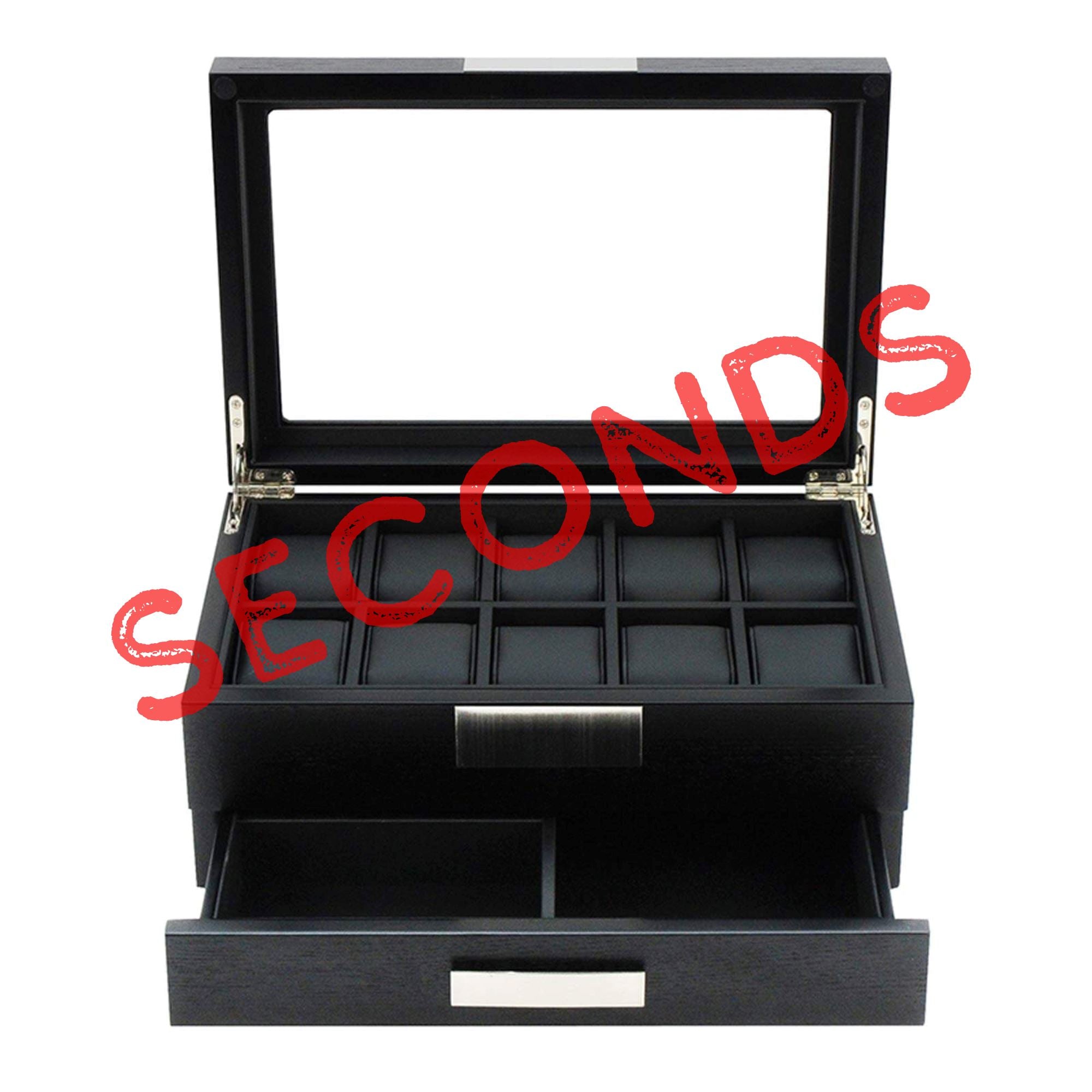 Seconds - Black Wooden Watch Box for 10 Watches with a Drawer Seconds Clinks