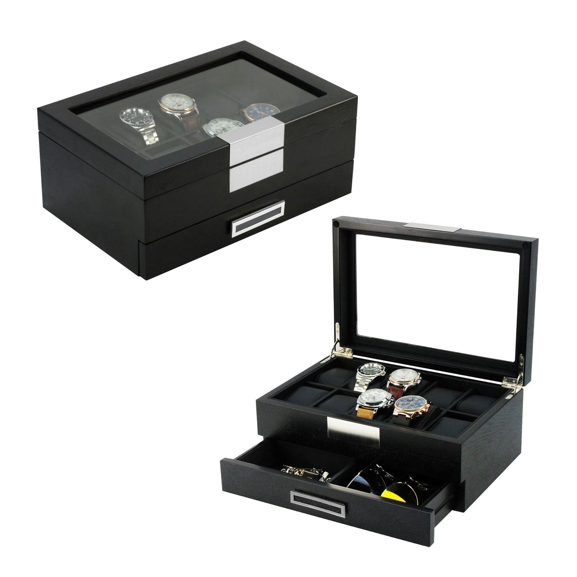 Seconds - Black Wooden Watch Box for 10 Watches with a Drawer (b) Seconds Clinks