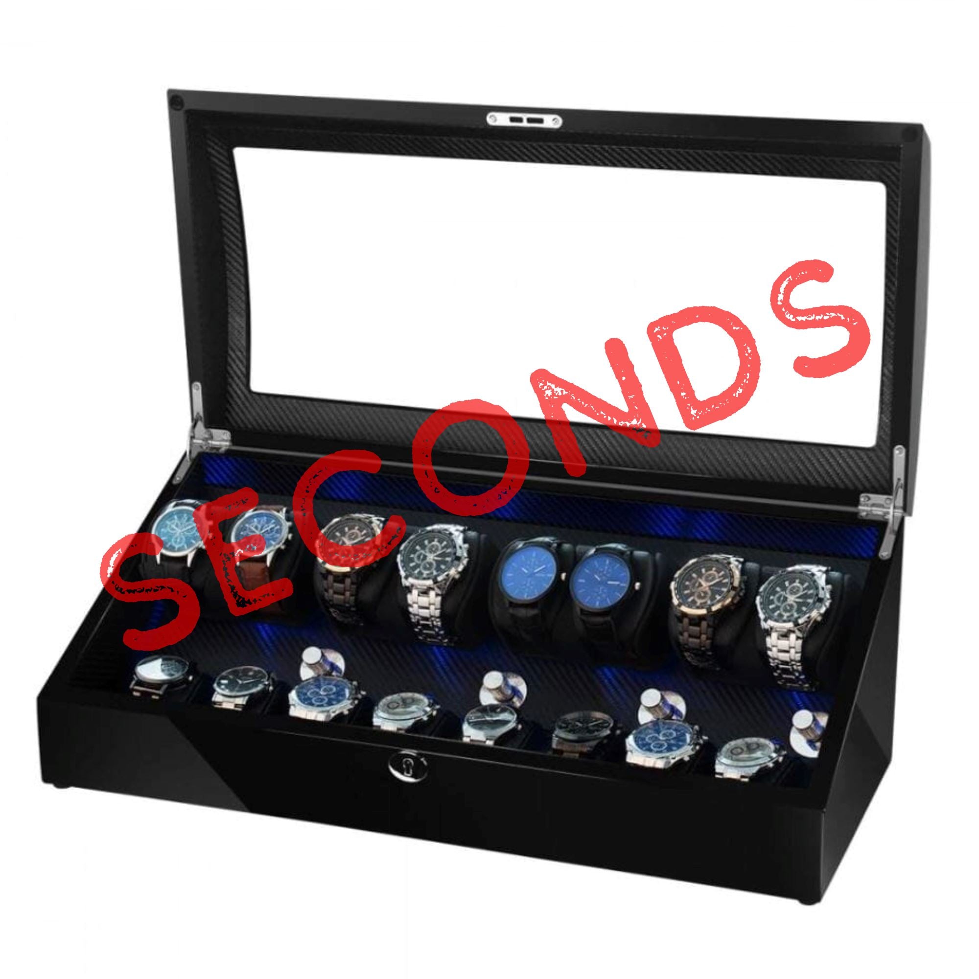 Seconds - Avoca Watch Winder Box for 8 + 8 Watches in Black (f) Seconds Clinks