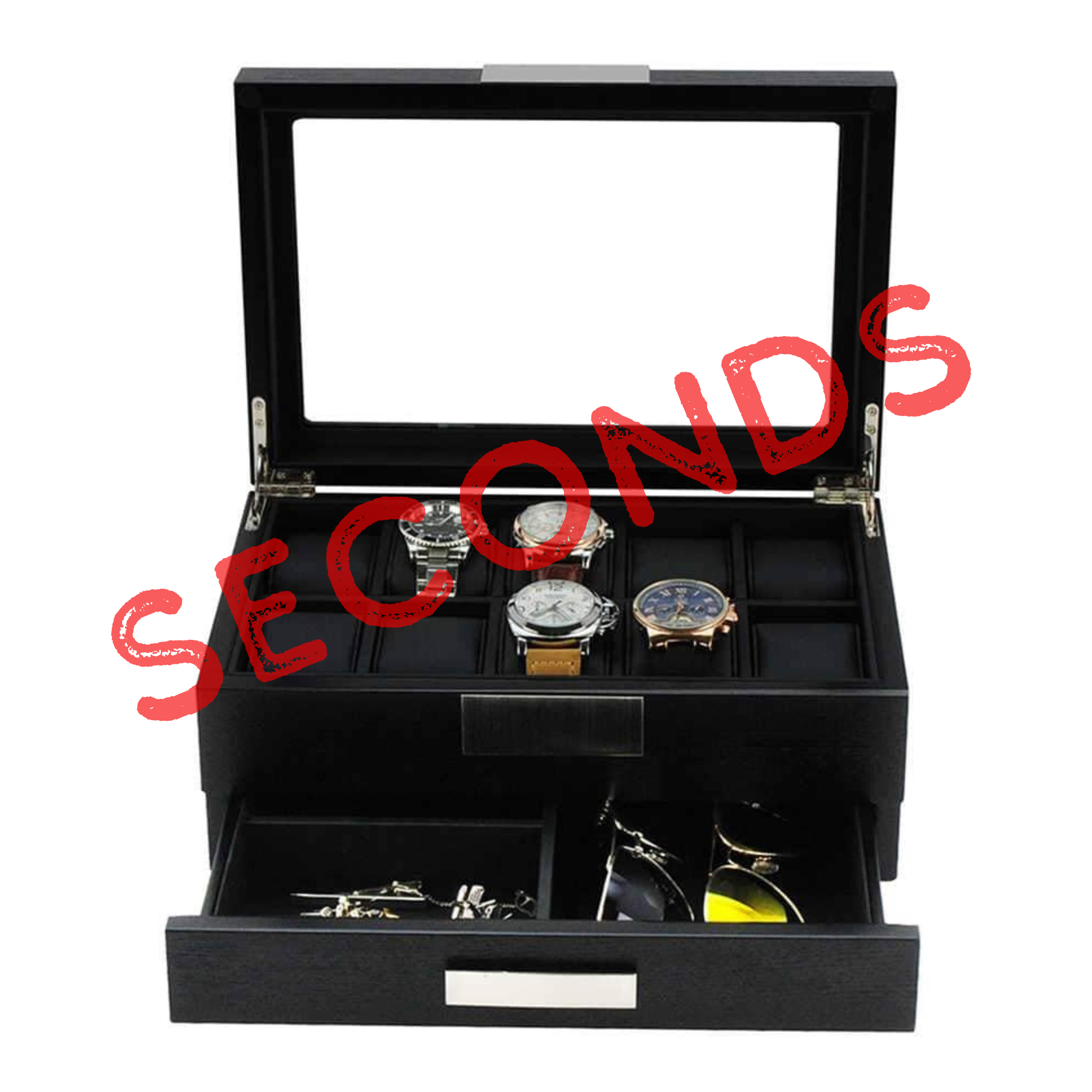Seconds - Black Wooden Watch Box for 10 Watches with a Drawer (D)