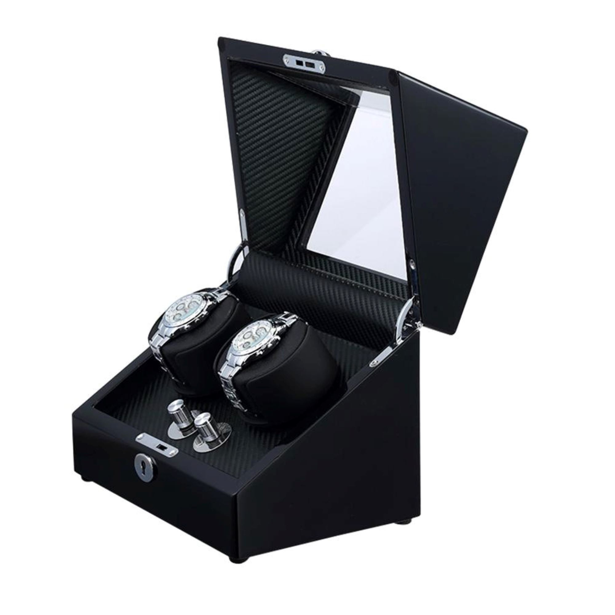 Seconds - Waratah Black Carbon Fibre Watch Winder Box for 2 Watches (h)