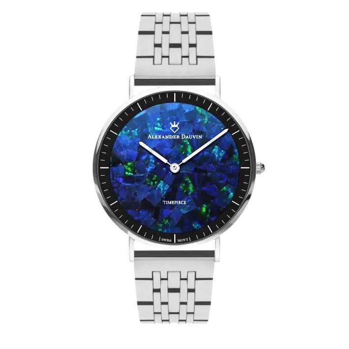 Roland Ridge Blue Swiss Opal Watch 40MM with with Silver Jubilee Strap Watches Clinks