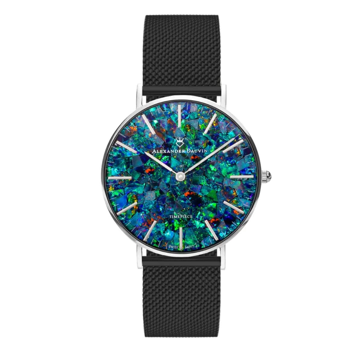 Classic Cliff Red Swiss Opal Watch 36MM with Black Mesh Strap Watches Clinks