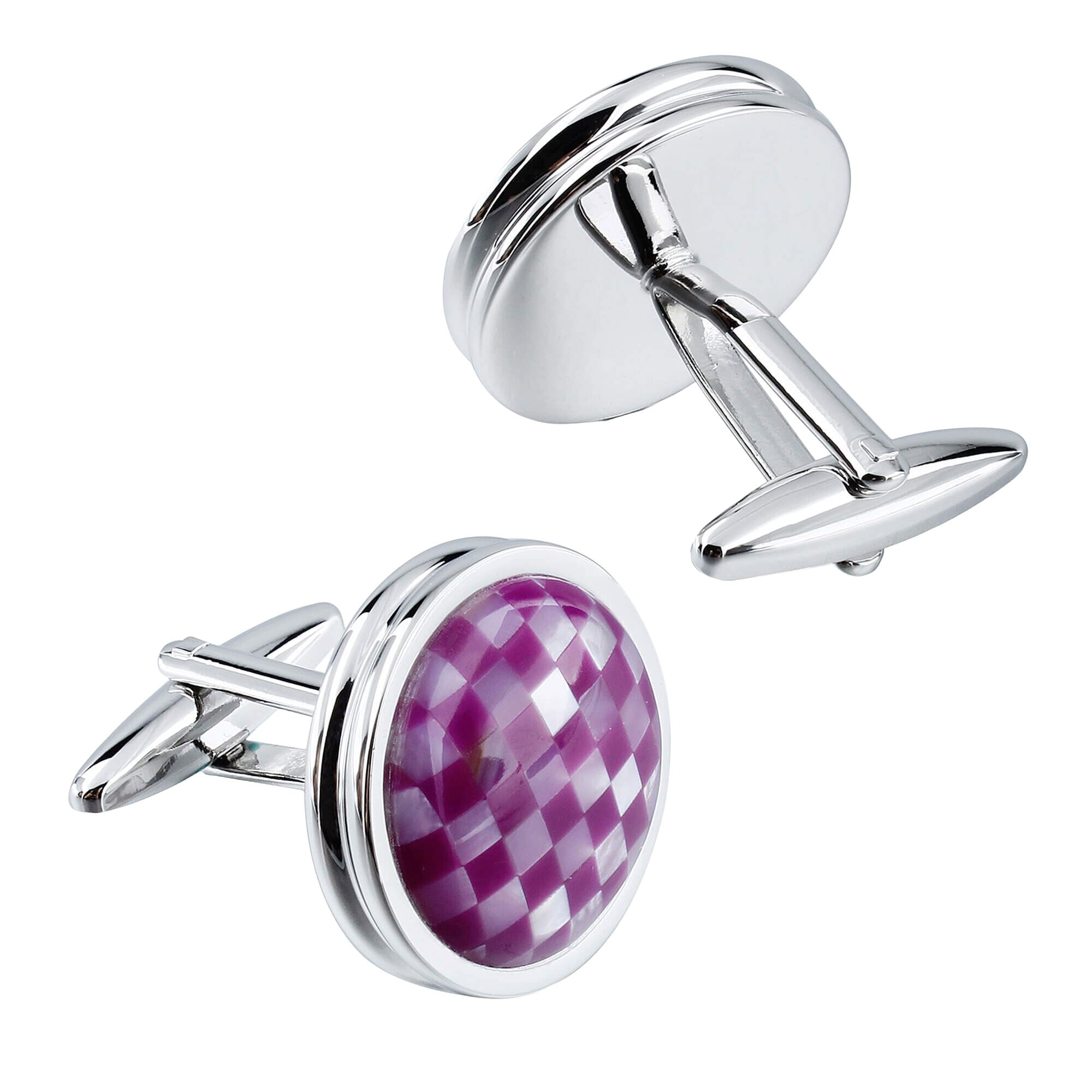 Mother of Pearl and Purple Checkerboard in Round Silver Cufflinks Classic & Modern Cufflinks Clinks Australia