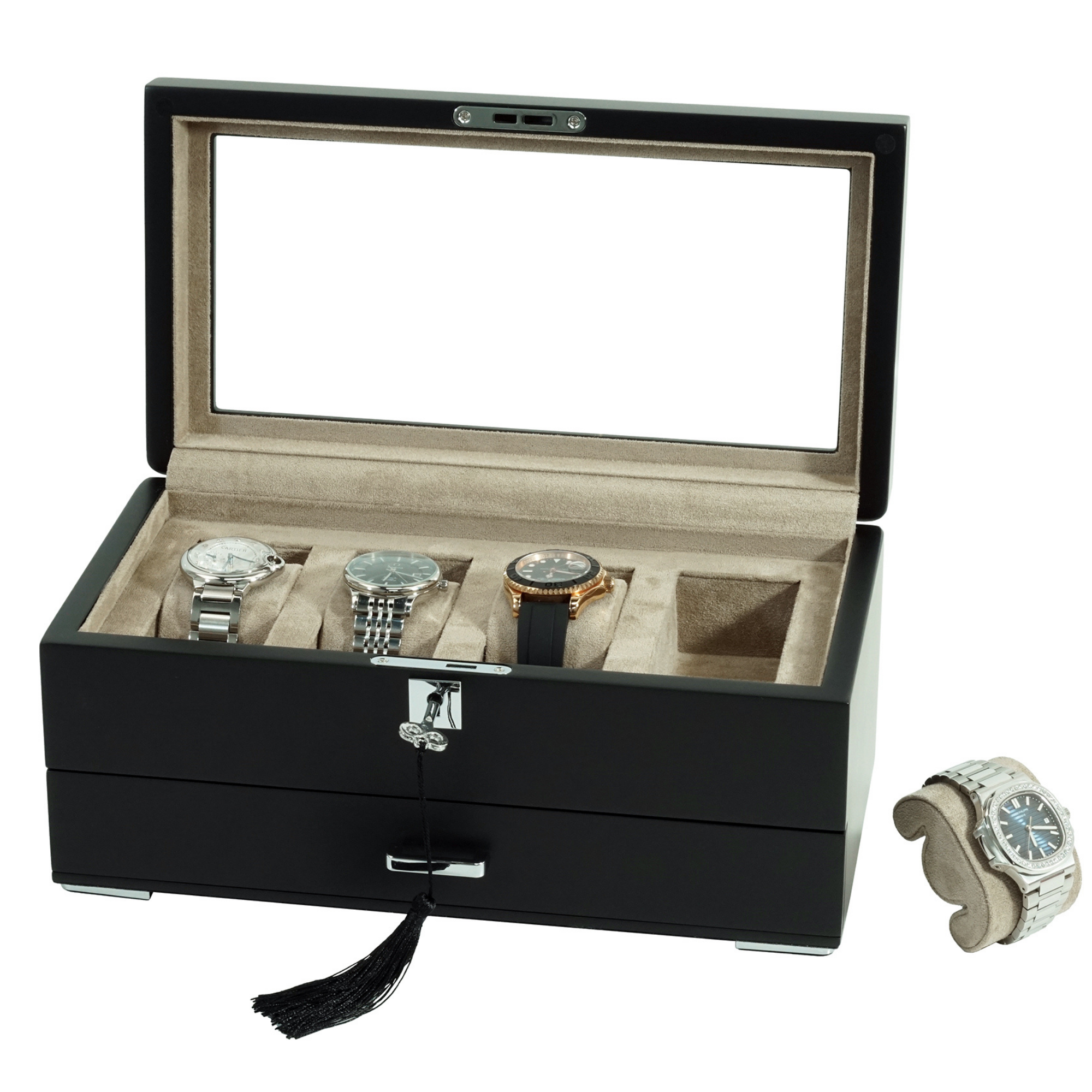 4 Slots Wooden Watch Box with Taupe Interior and Drawer