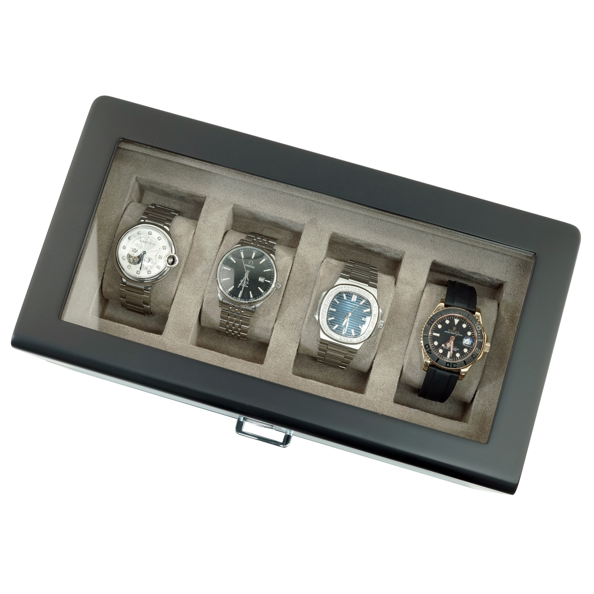 4 Slots Wooden Watch Box with Taupe Interior and Drawer