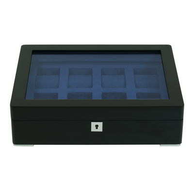 8 Slot Black Wooden Watch Box with Blue Interior
