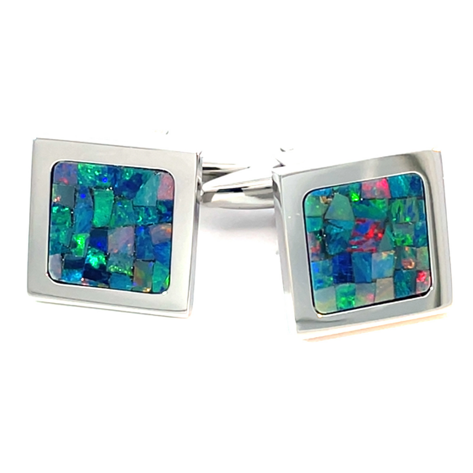 Australian Square Opal Cufflinks (Green Shiny Silver)