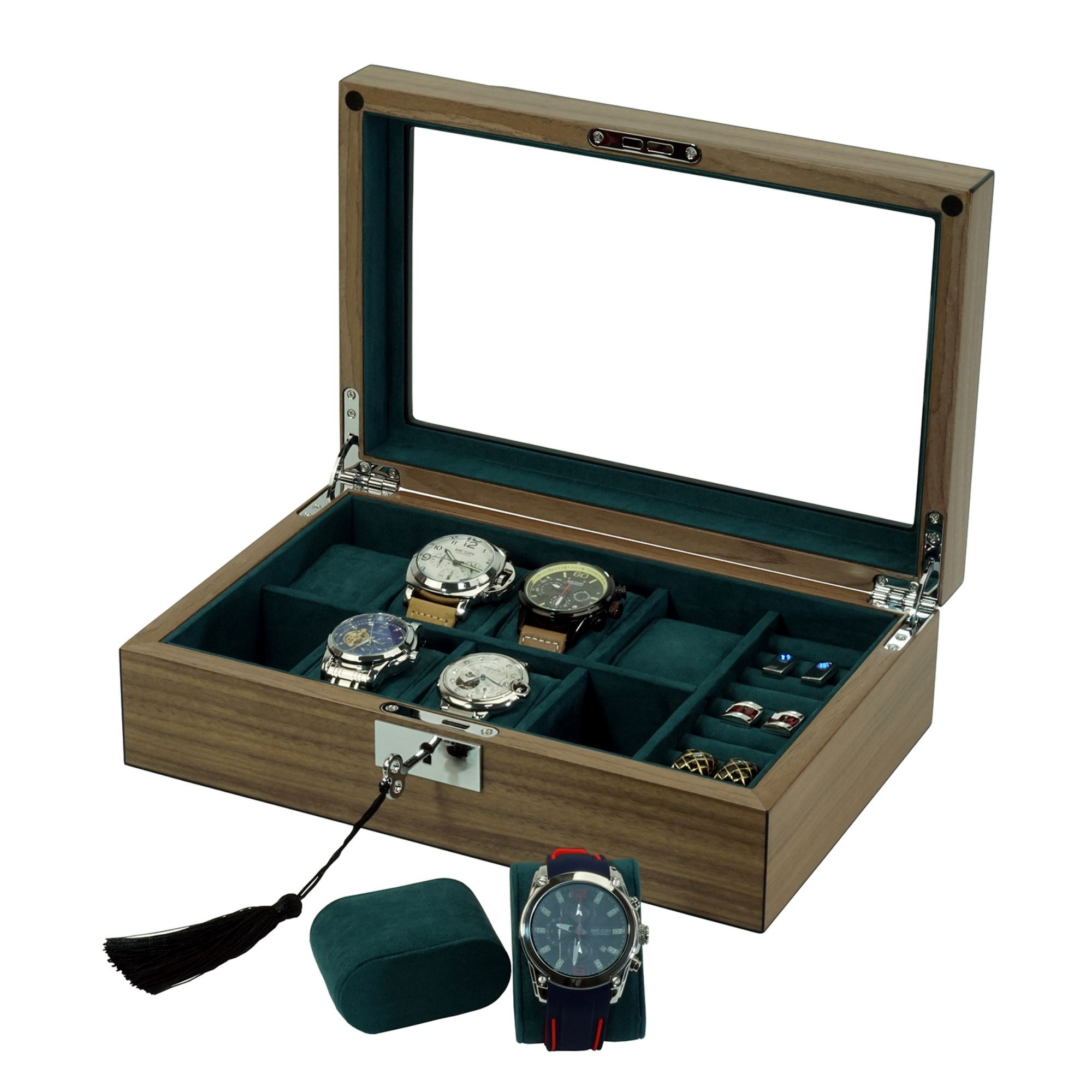 Seconds - 8 Slots Walnut Wooden Watch Box with Cufflinks Storage