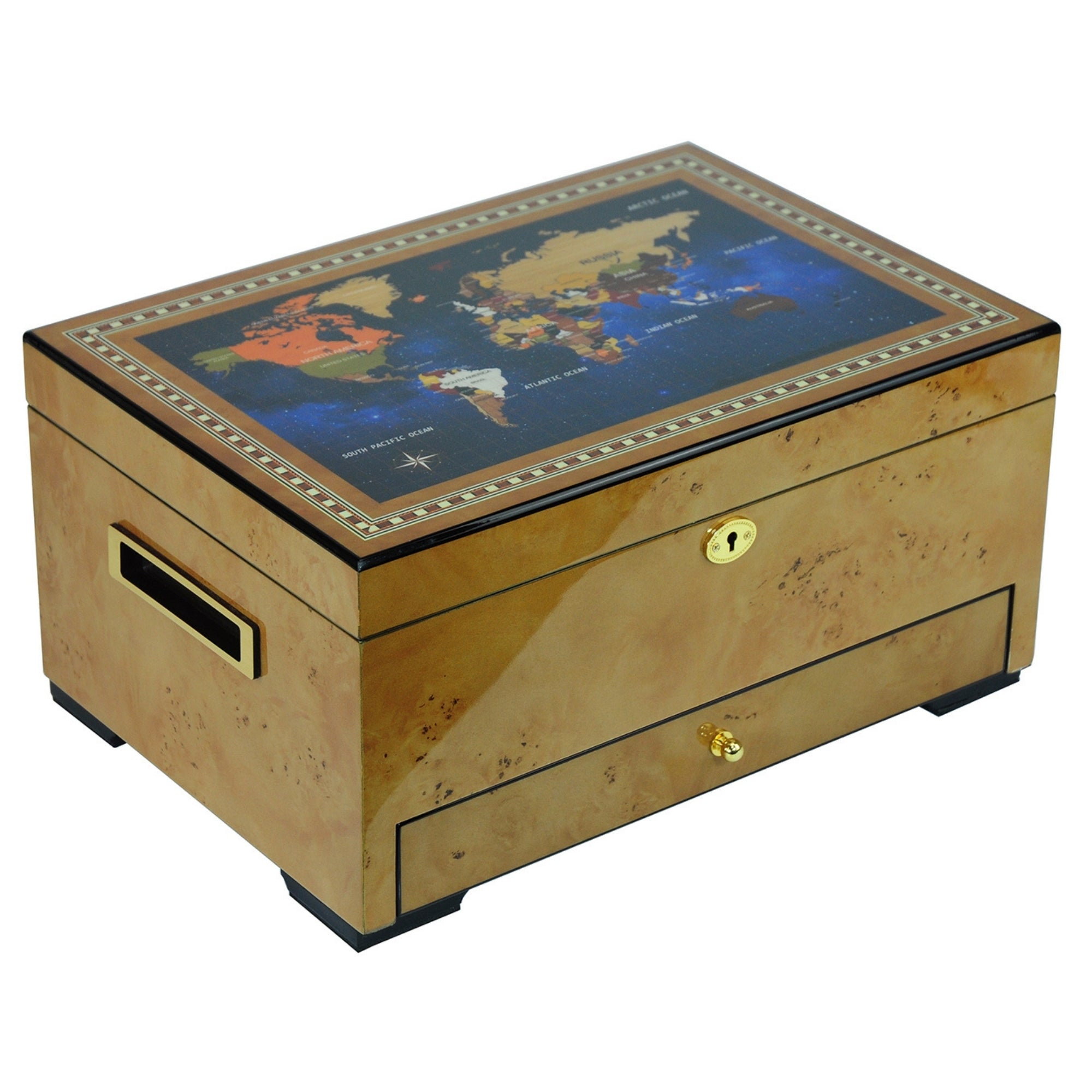 Seconds - 100 CT World Map Burl Cigar Humidor Spanish Cedar Box for Cigars