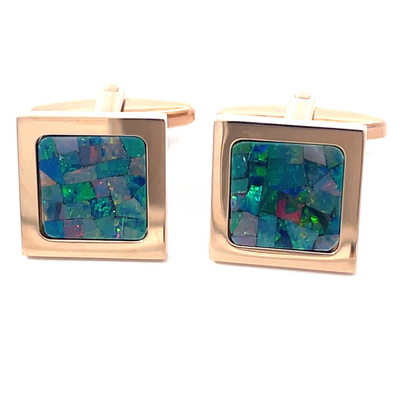 Australian Square Opal Cufflinks  (Green Shiny Rose Gold)