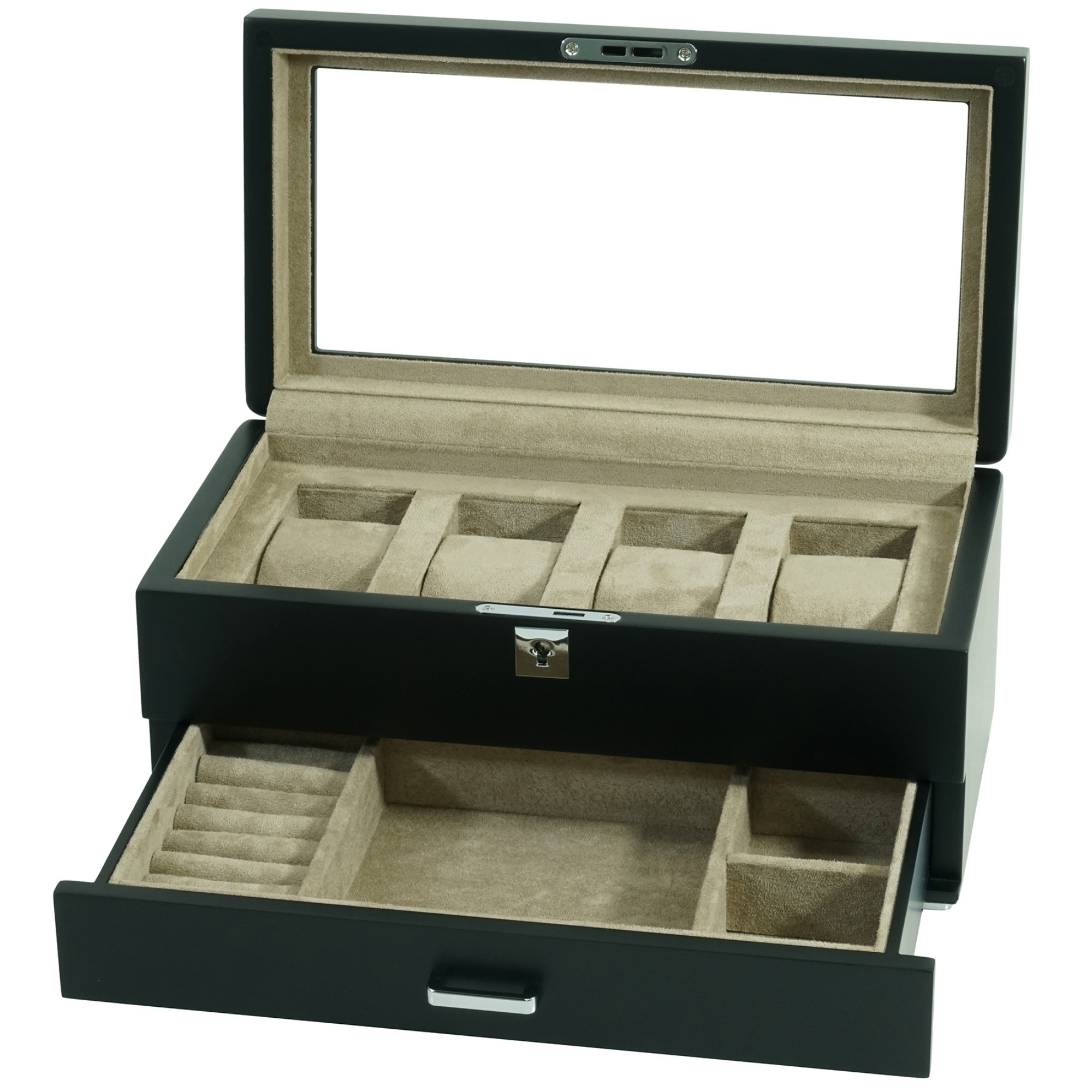 4 Slots Wooden Watch Box with Taupe Interior and Drawer