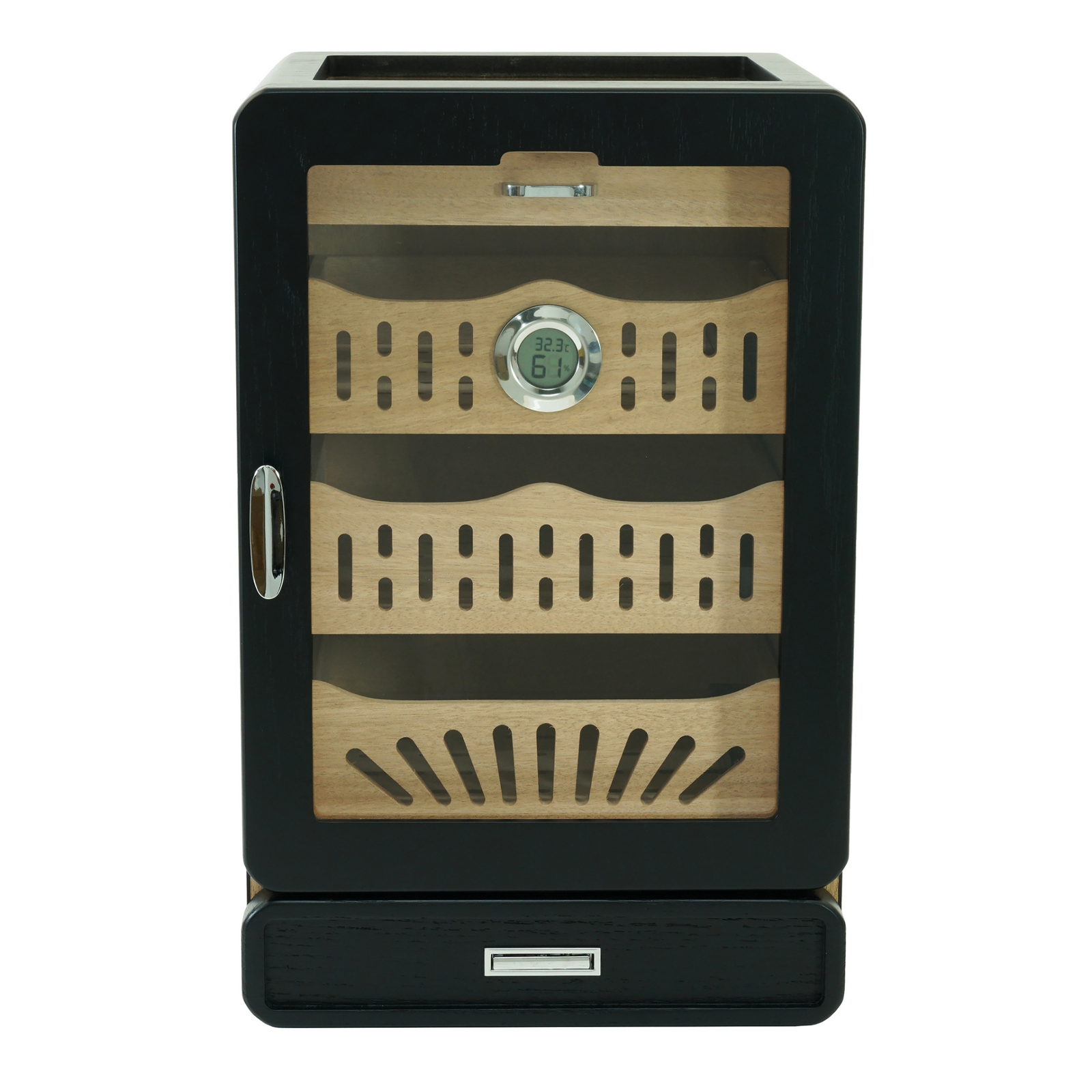 200 CT Black Wooden with Glass Top Cabinet for Cigars