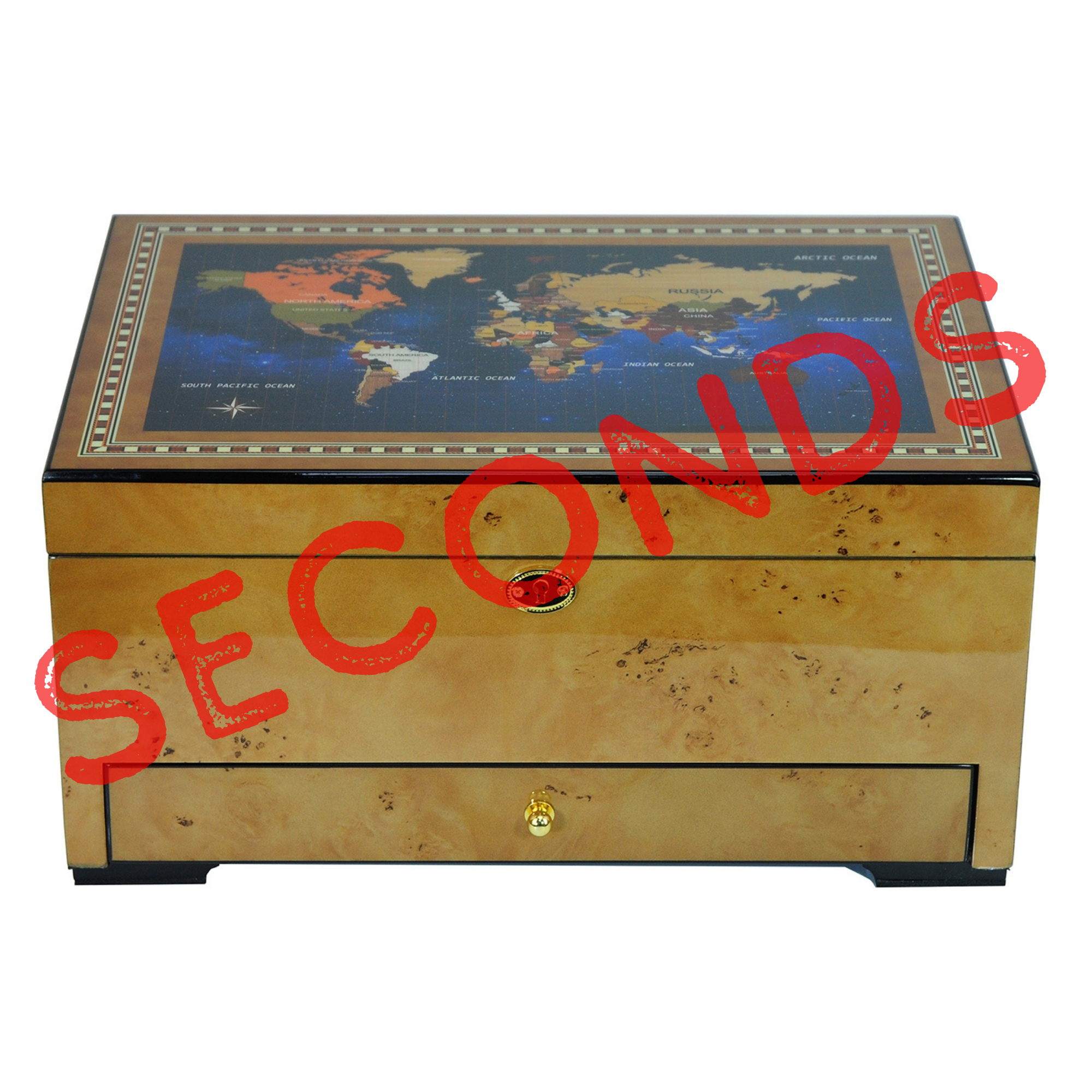 Seconds - 100 CT World Map Burl Cigar Humidor Spanish Cedar Box for Cigars
