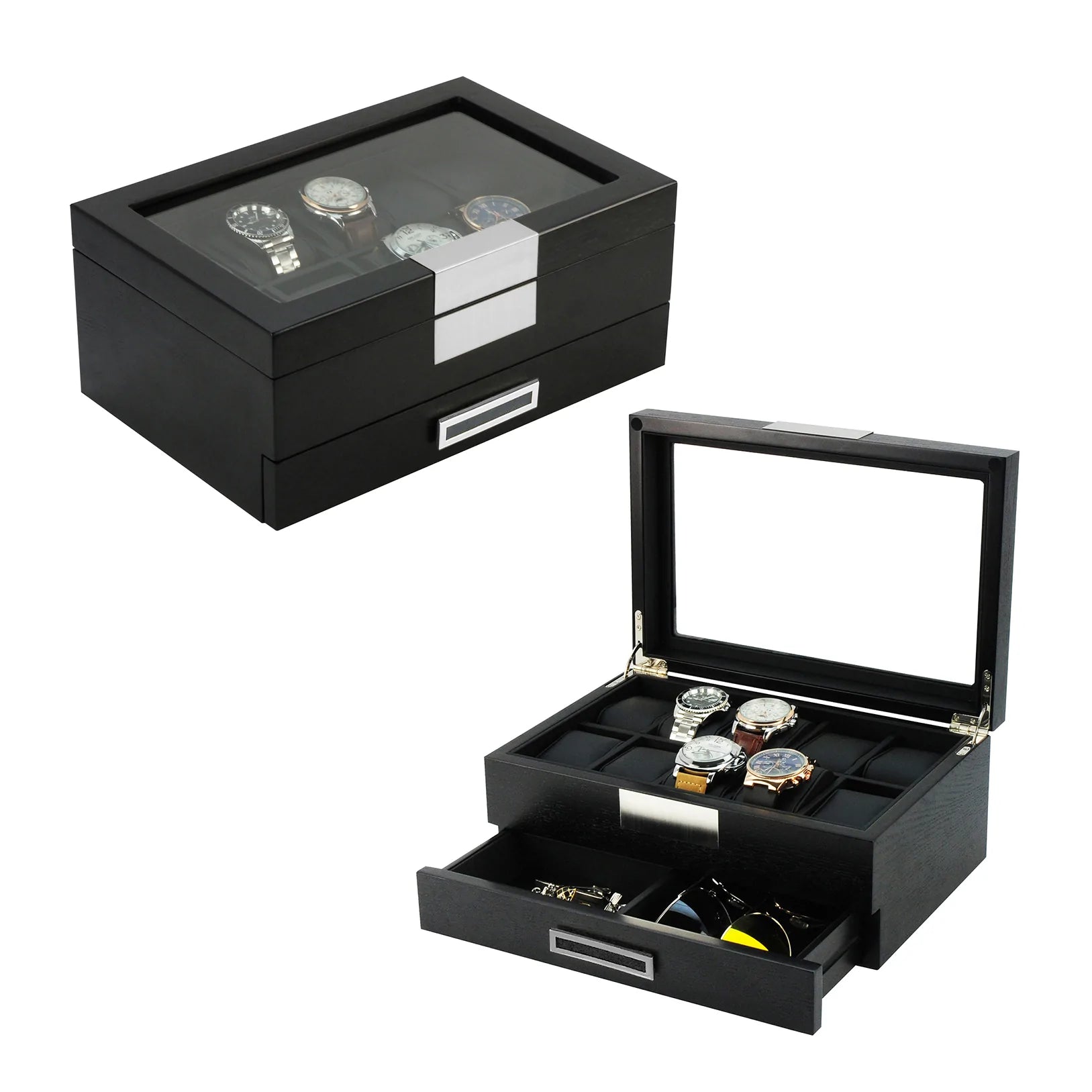 Black Wooden Watch Box for 10 Watches with a Drawer