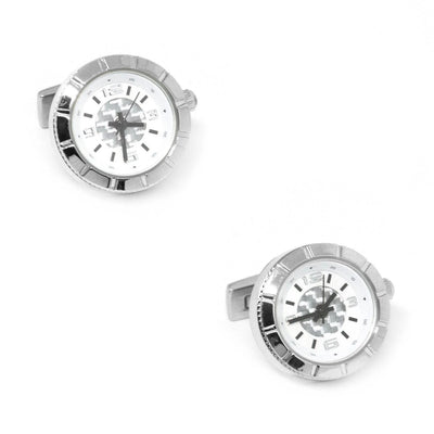 Round Silver Carbon Fibre Working Watch Clock Cufflinks