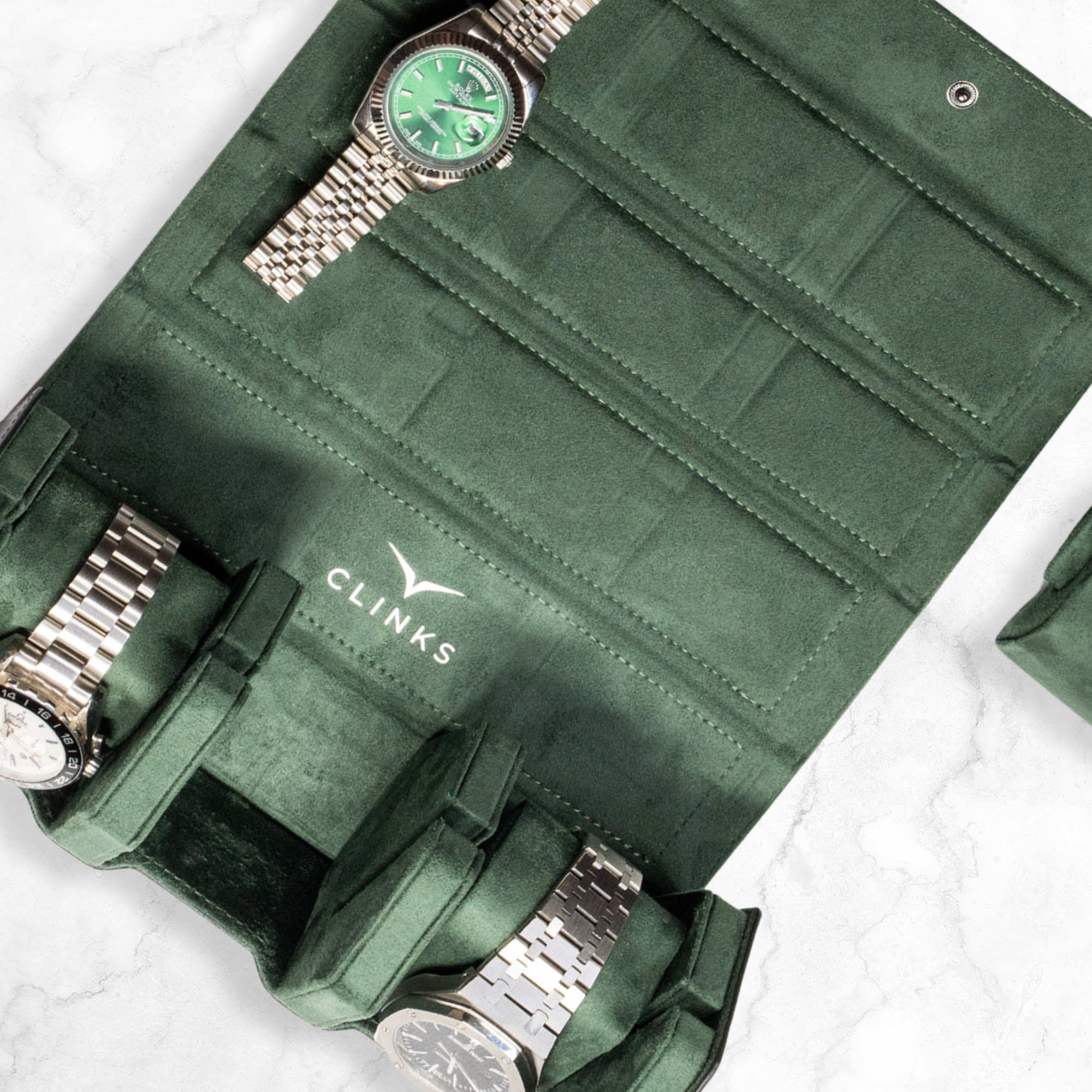 Seconds - Hex Leather Watch Roll 3 Slots in Black/Green