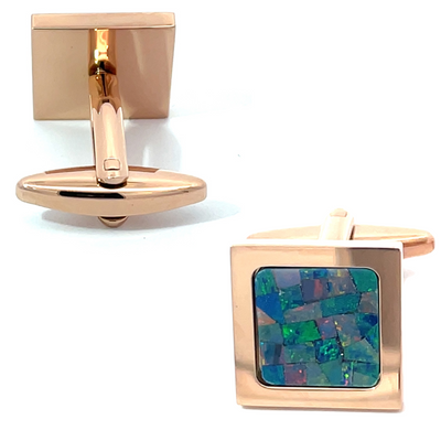 Australian Square Opal Cufflinks  (Green Shiny Rose Gold)