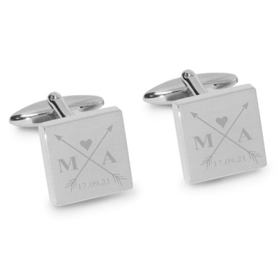 Crossed Arrows with Loveheart, Initials and Date Engraved Cufflinks in Silver