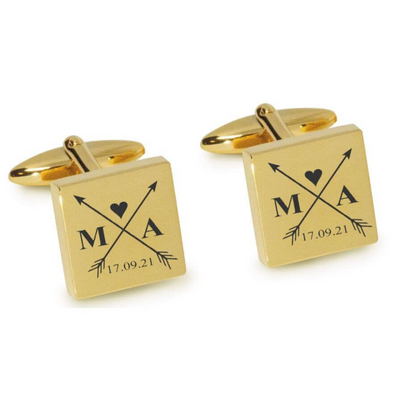 Crossed Arrows with Loveheart, Initials and Date Engraved Cufflinks in Gold