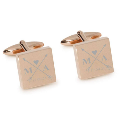 Crossed Arrows with Loveheart, Initials and Date Engraved Cufflinks in Rose Gold
