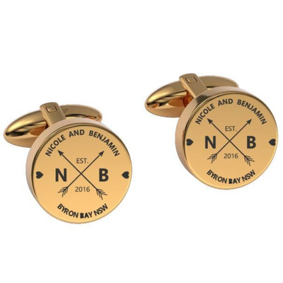 Couple Names Initials and Address Engraved Cufflinks in Gold