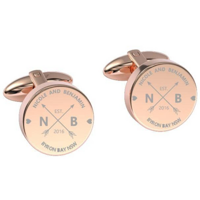 Couple Names Initials and Address Engraved Cufflinks in Rose Gold