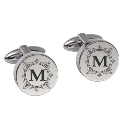 Decorated Round Initials Engraved Cufflinks in Silver
